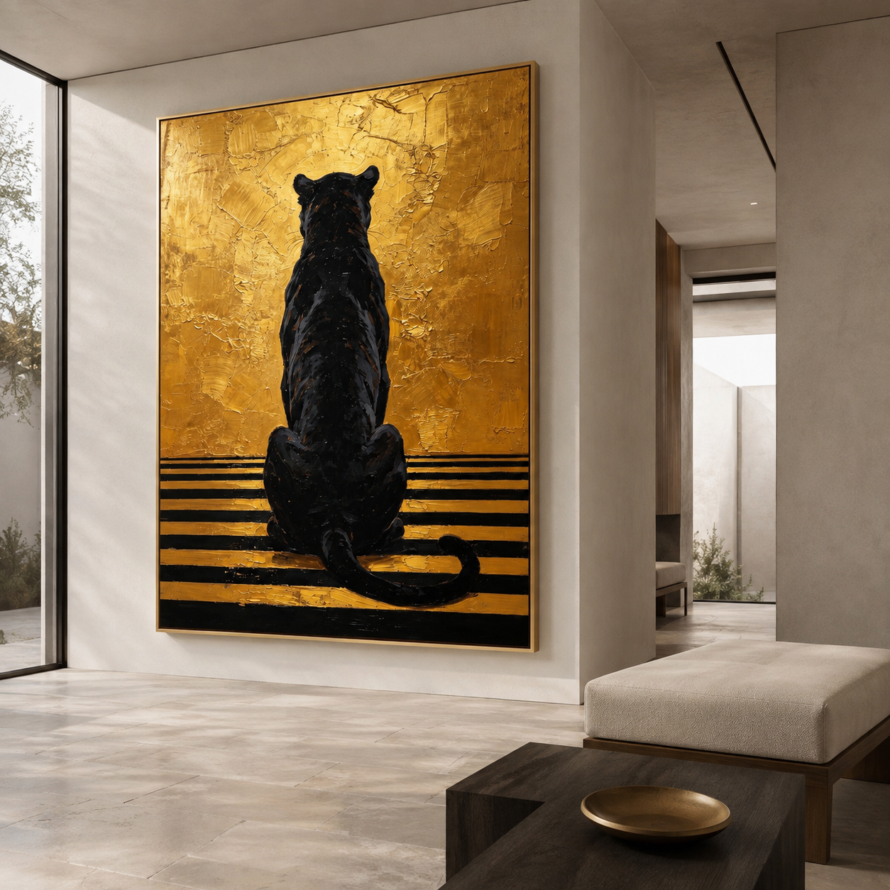 Golden Mystery - Black Panther Back View Impasto Oil Canvas Art