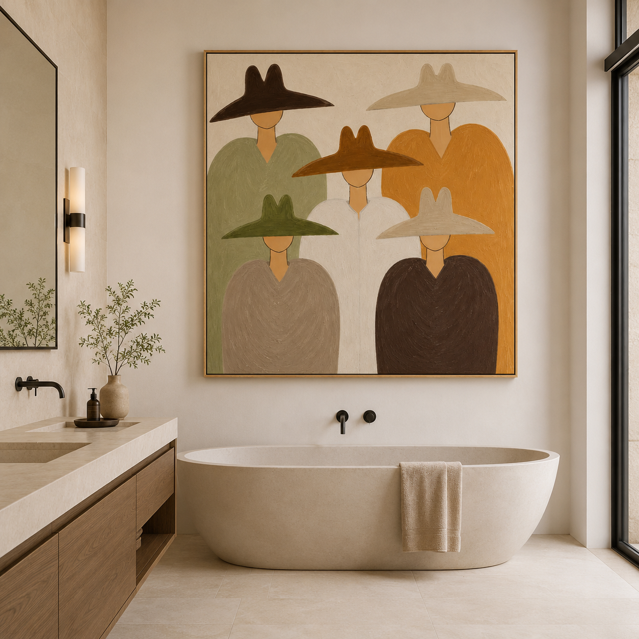 Subtle Elegance - Minimalist Man in Wide-Brim Hats Japandi Canvas