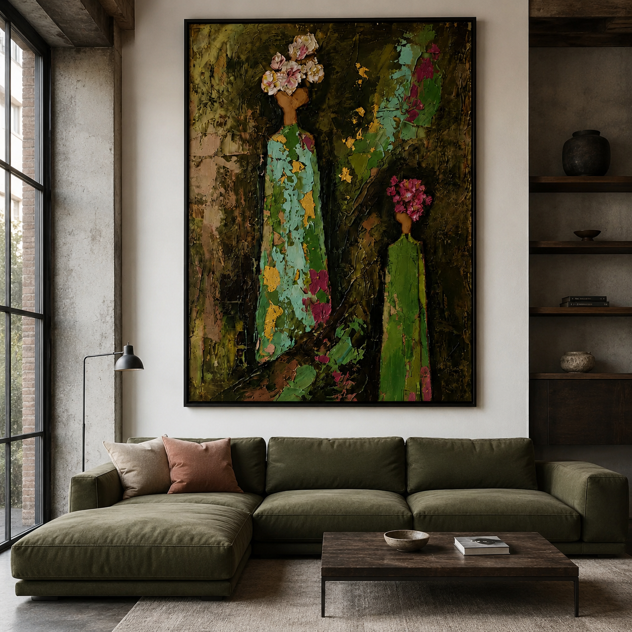 Blooming Heritage - Mother and Daughter Floral Headdress Impasto Canvas