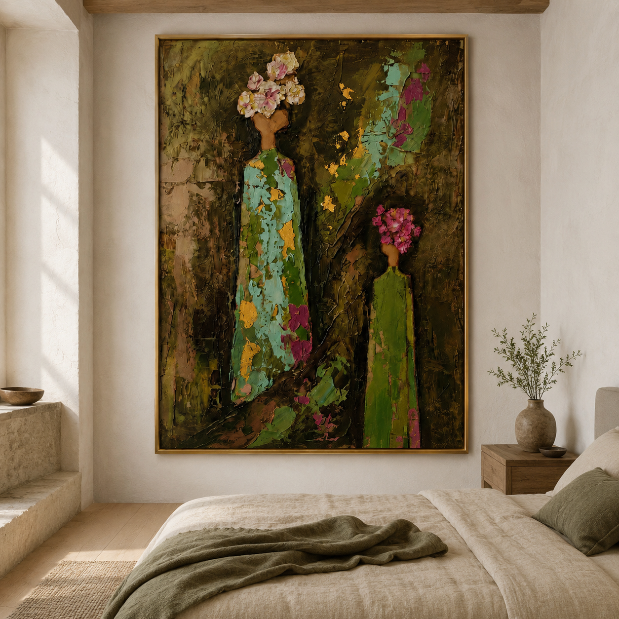 Blooming Heritage - Mother and Daughter Floral Headdress Impasto Canvas