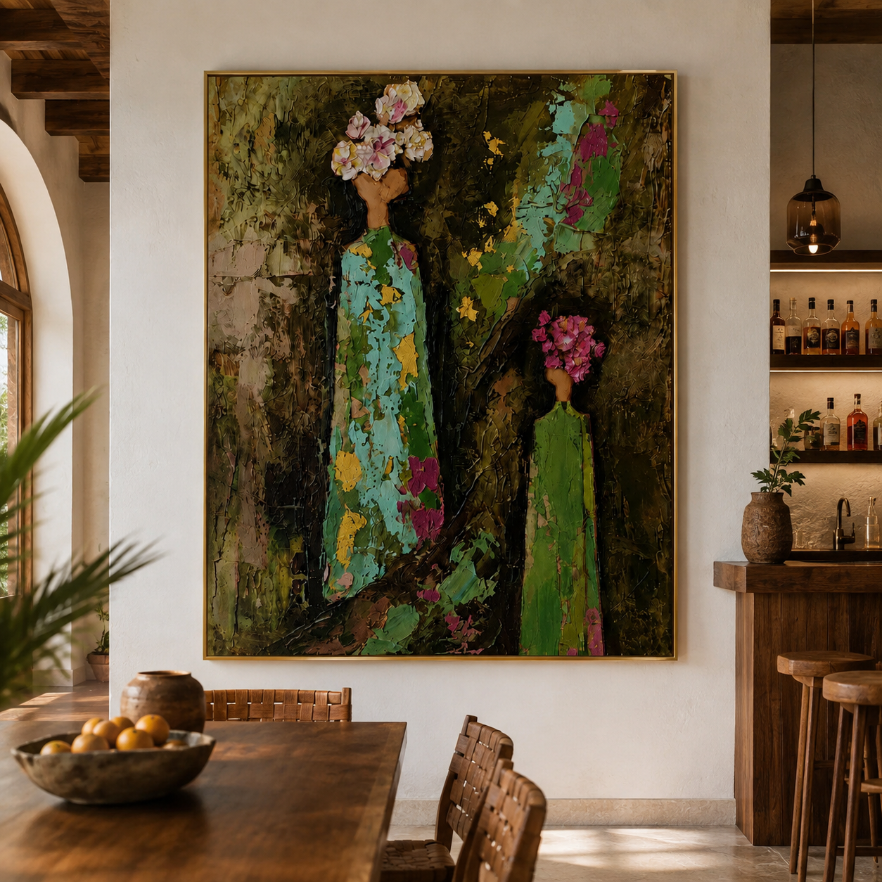 Blooming Heritage - Mother and Daughter Floral Headdress Impasto Canvas