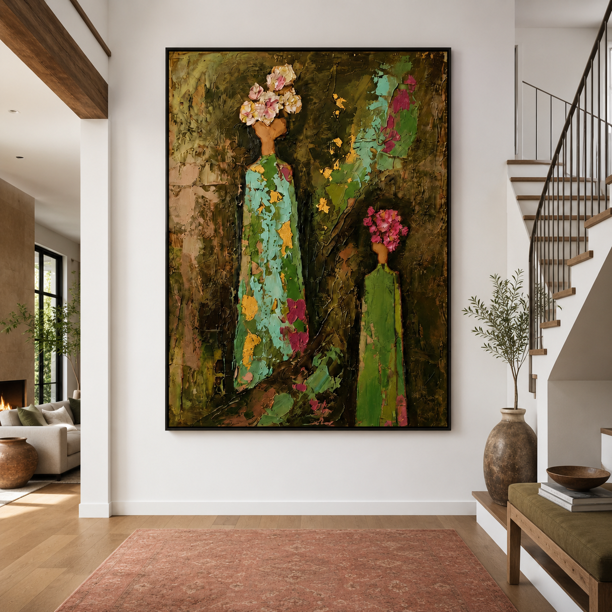 Blooming Heritage - Mother and Daughter Floral Headdress Impasto Canvas