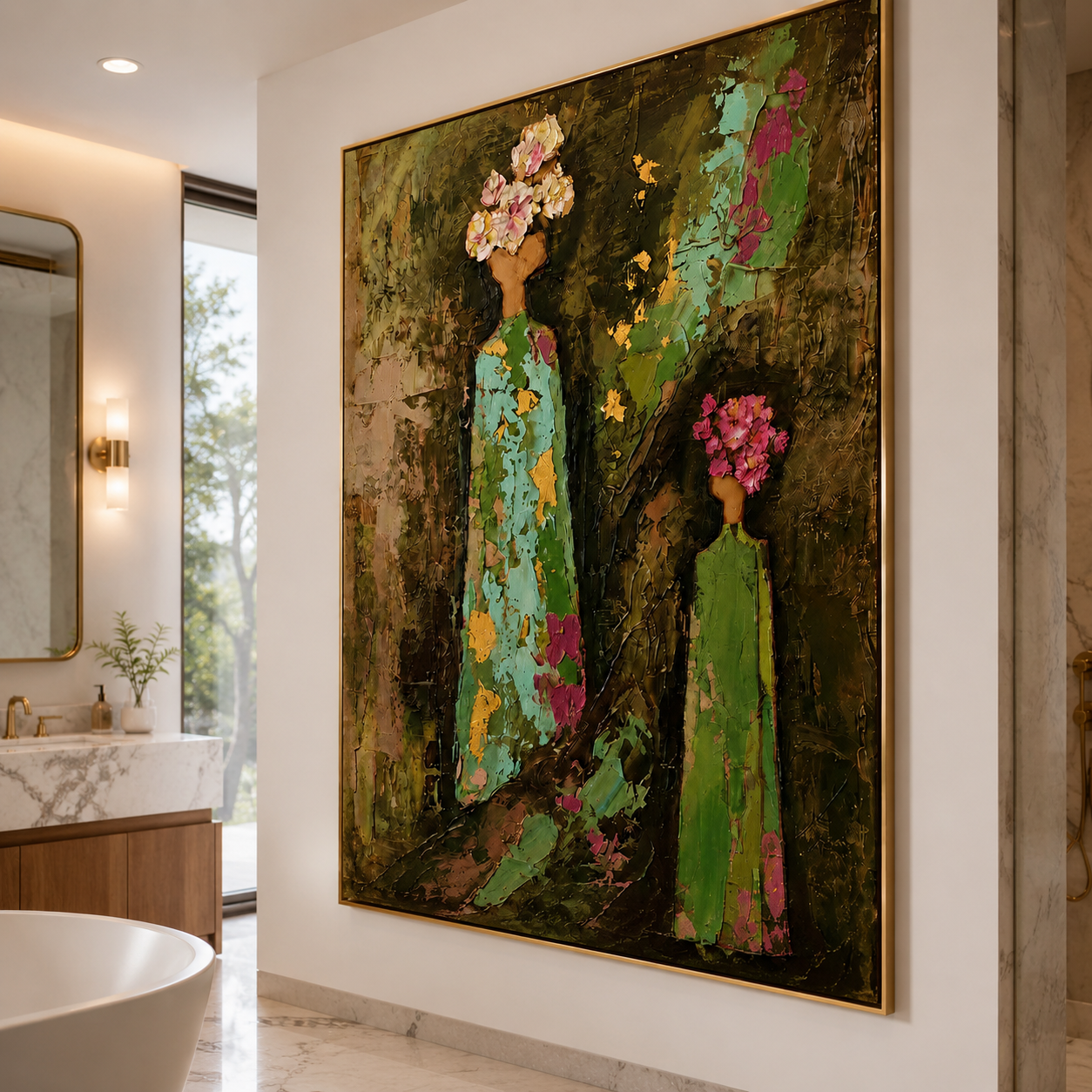 Blooming Heritage - Mother and Daughter Floral Headdress Impasto Canvas