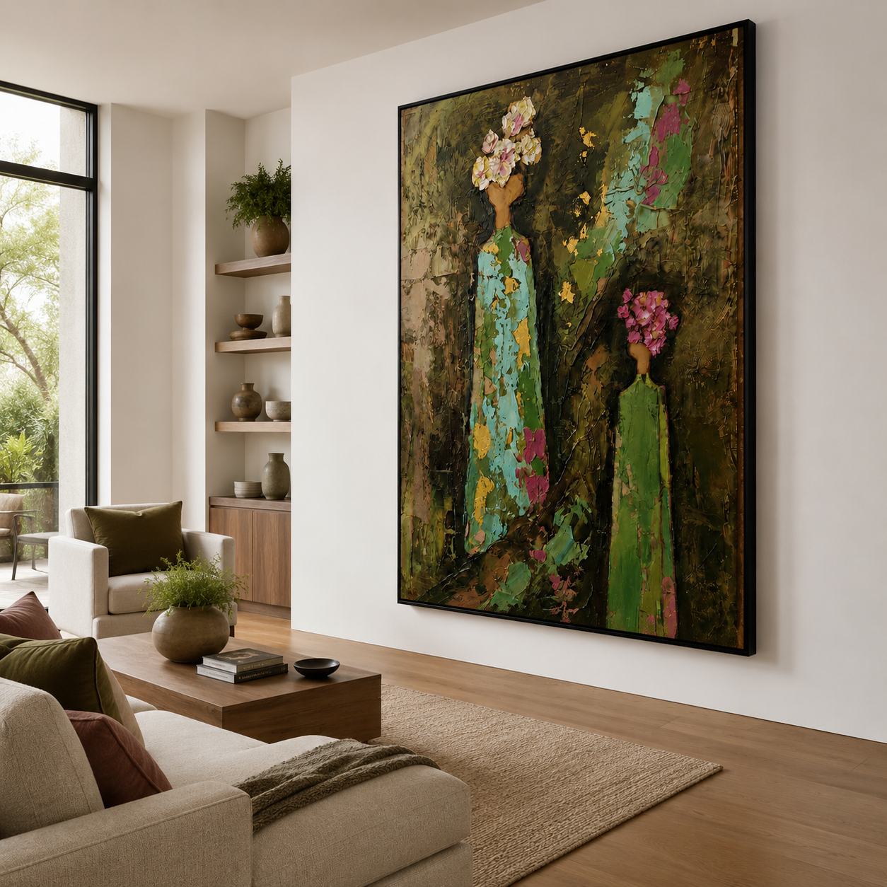 Blooming Heritage - Mother and Daughter Floral Headdress Impasto Canvas