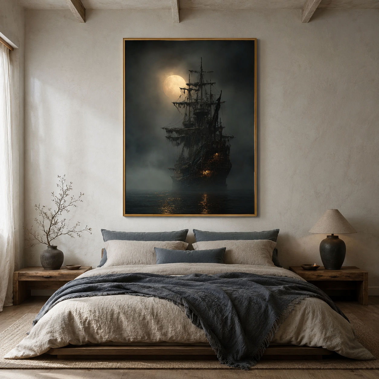 Midnight Voyage - Mystical Ghost Pirate Ship Under Full Moon Canvas