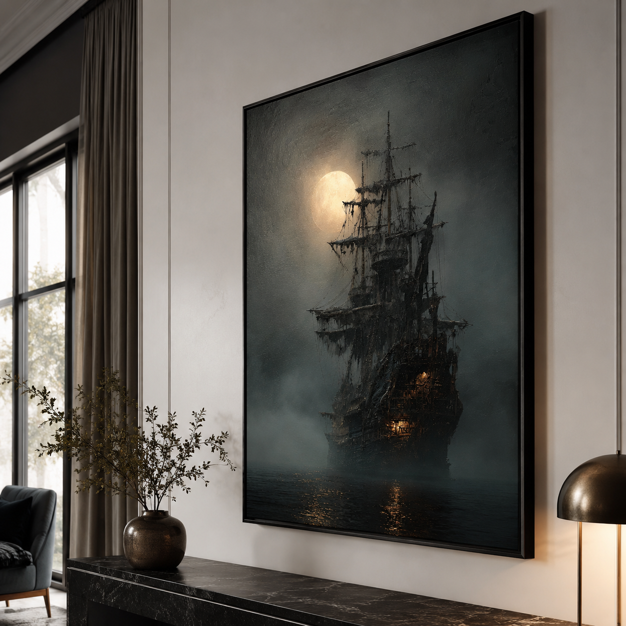 Midnight Voyage - Mystical Ghost Pirate Ship Under Full Moon Canvas