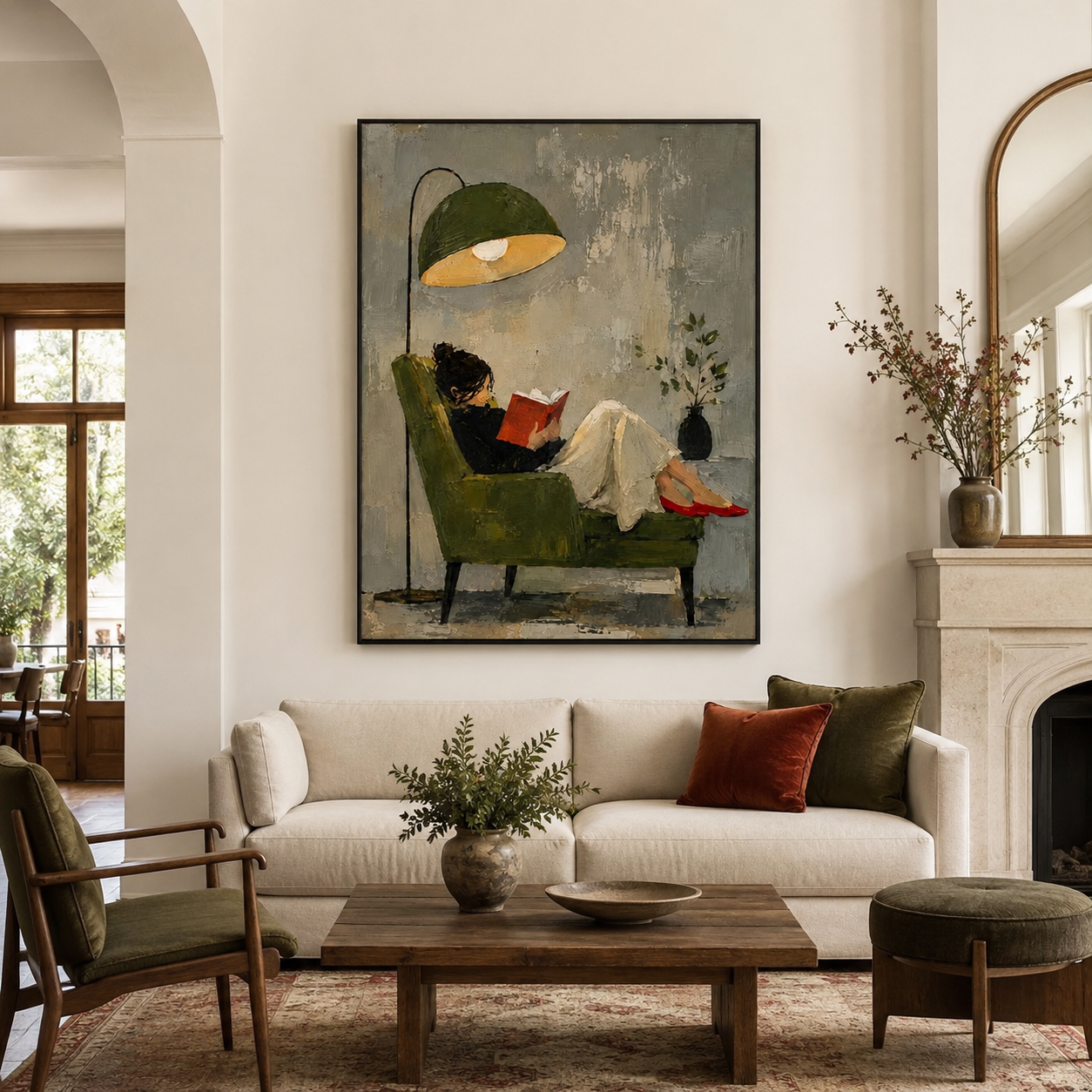 Quiet Afternoon - Woman Reading in Green Armchair Canvas Art