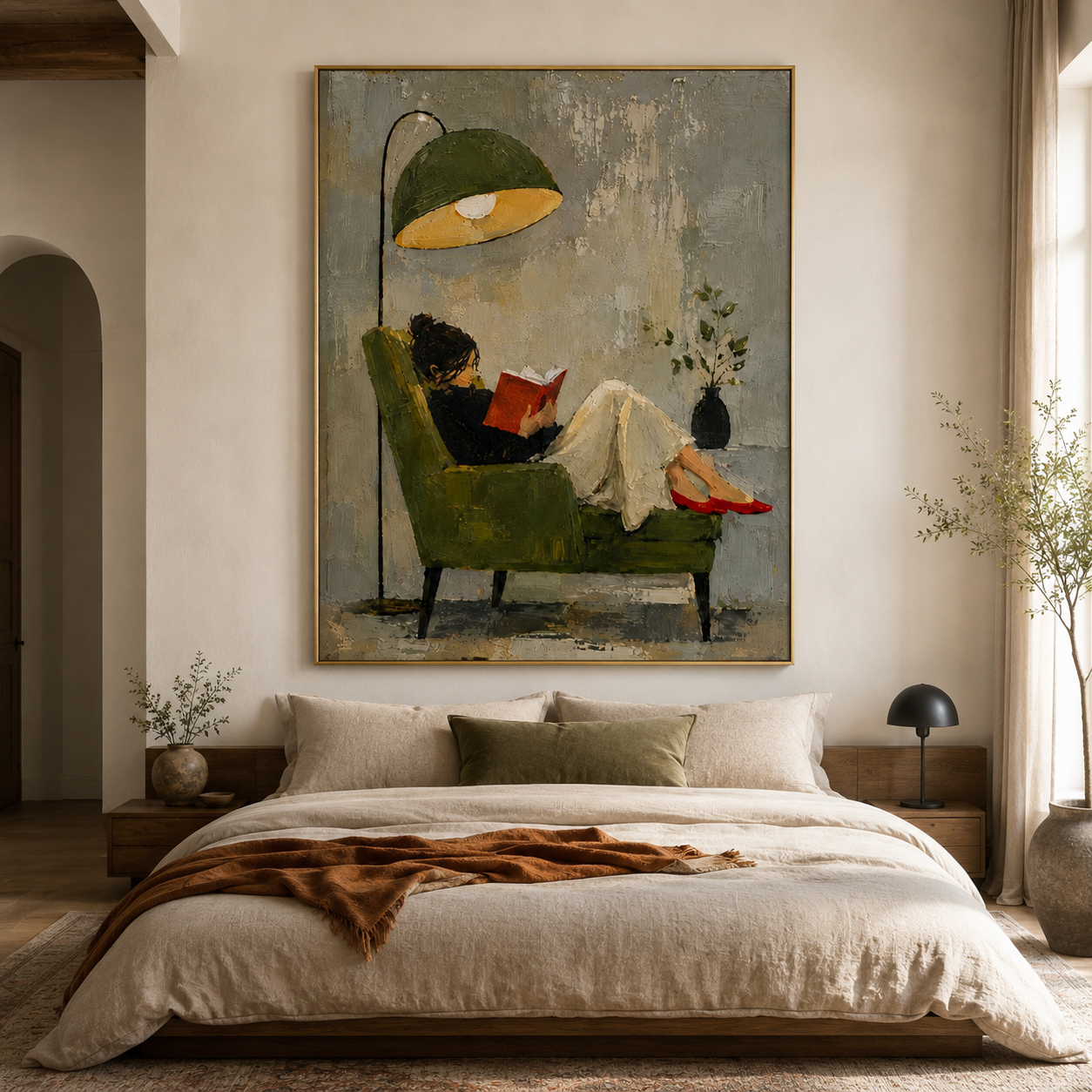 Quiet Afternoon - Woman Reading in Green Armchair Canvas Art