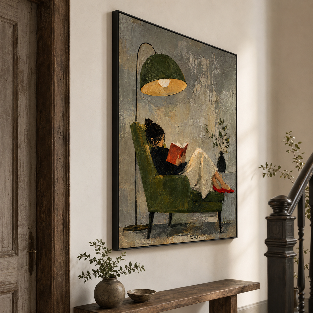 Quiet Afternoon - Woman Reading in Green Armchair Canvas Art