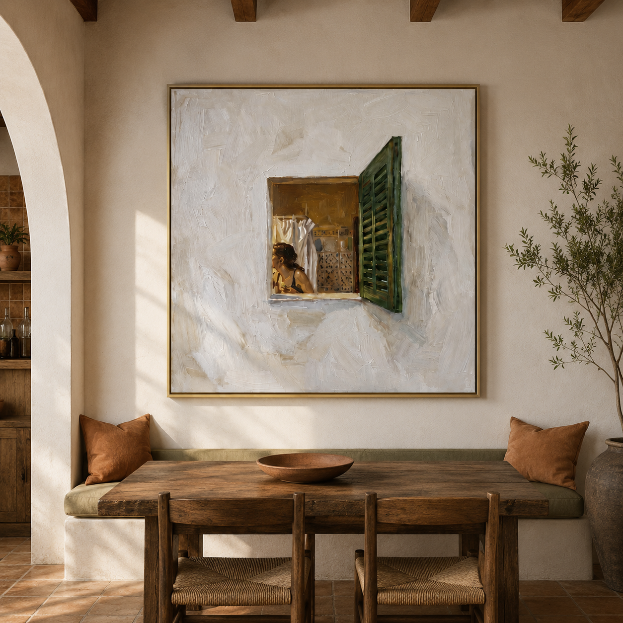 Mediterranean Breeze - Open Window & Secret Courtyard Impasto Canvas
