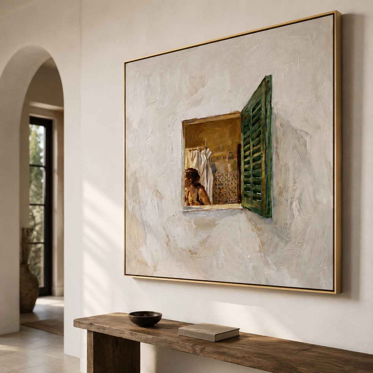 Mediterranean Breeze - Open Window & Secret Courtyard Impasto Canvas