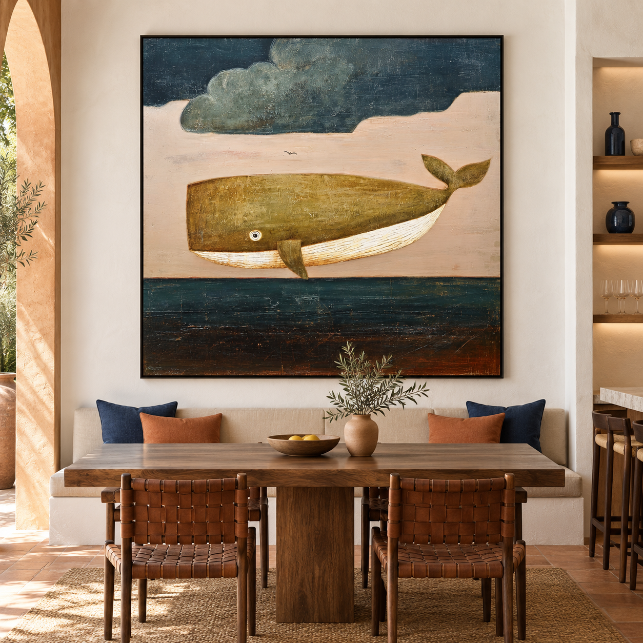 Celestial Leviathan - Vintage Gold Whale & Cloud Impasto Canvas