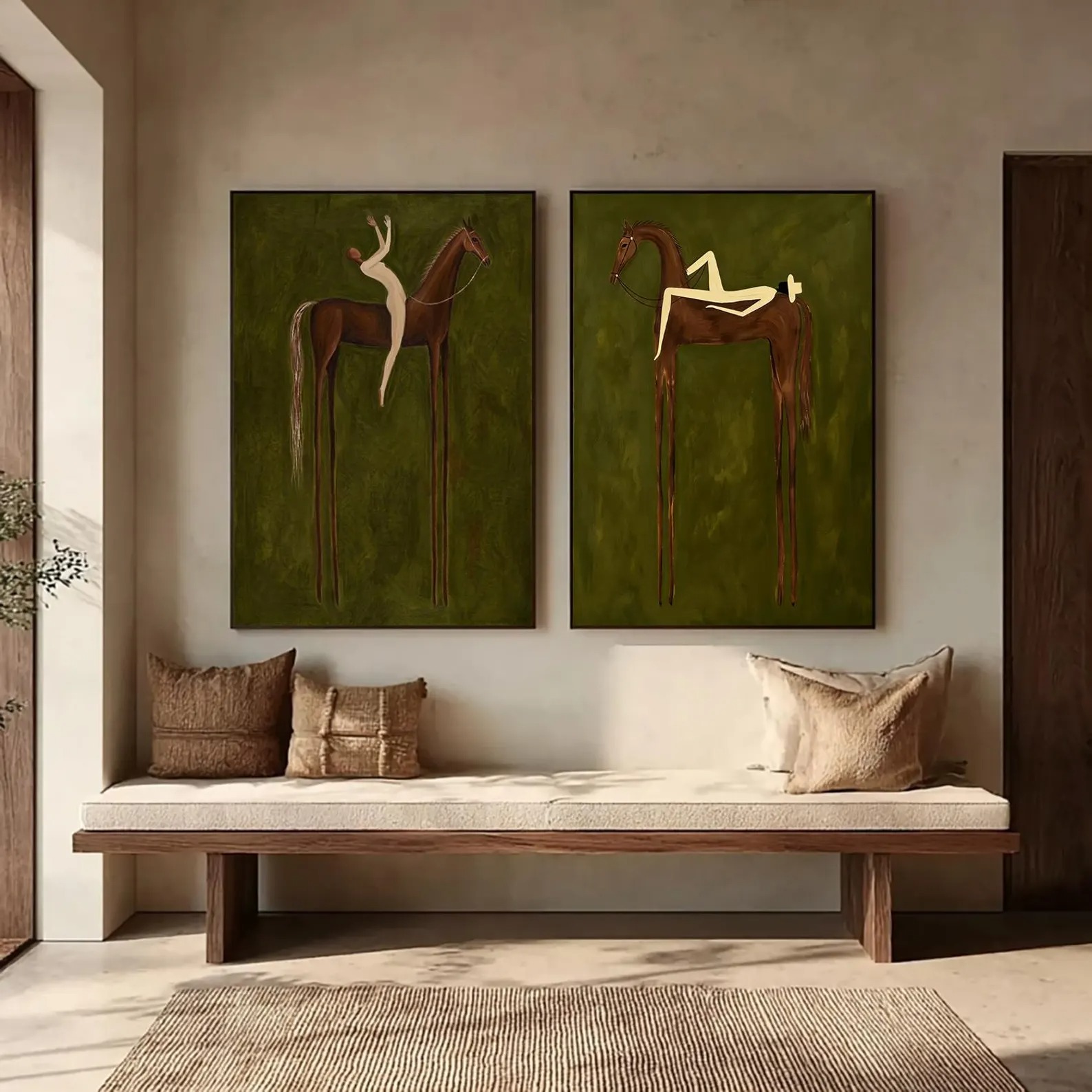 Prairie Harmony - Olive Green Minimalist Horse & Rider Canvas Diptych