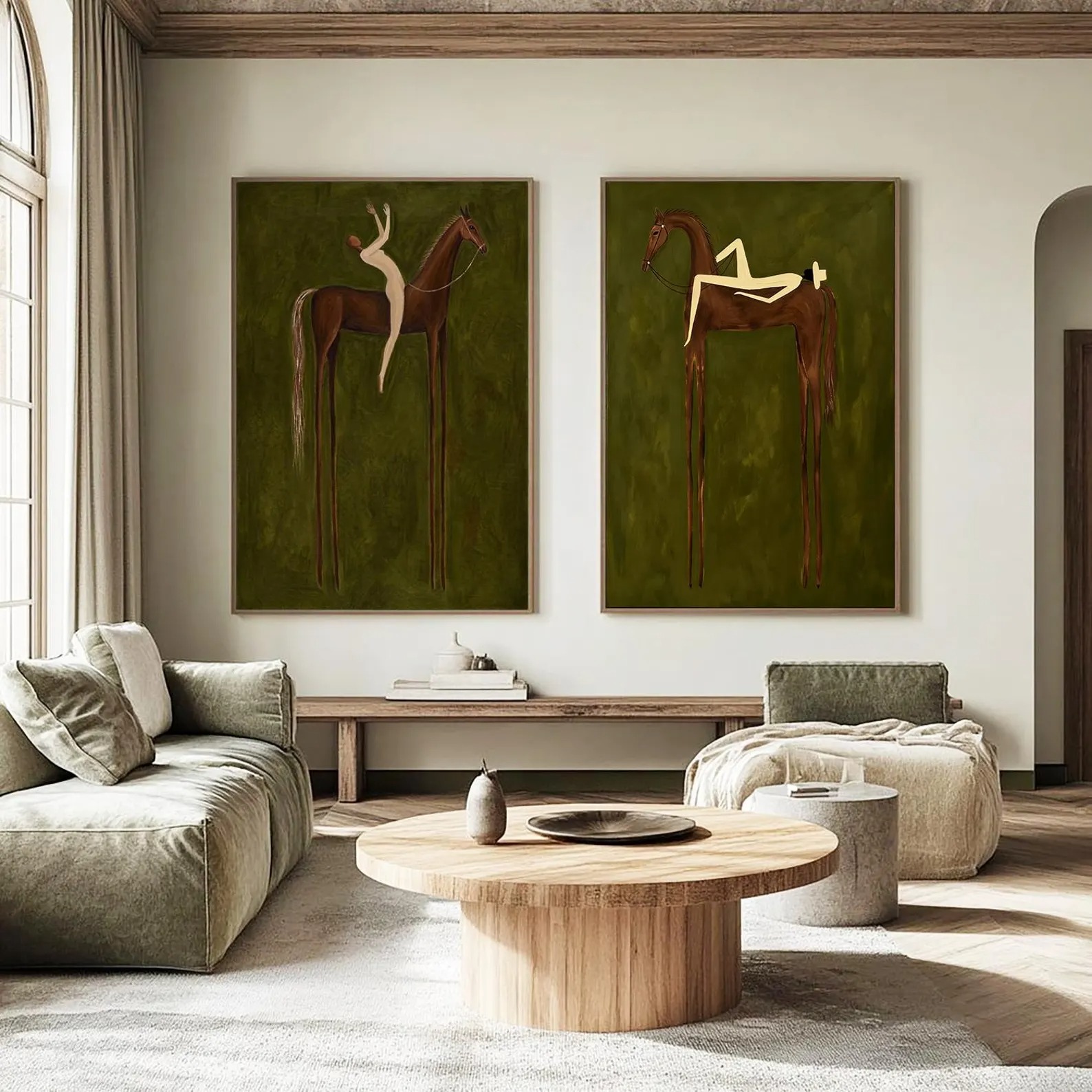 Prairie Harmony - Olive Green Minimalist Horse & Rider Canvas Diptych