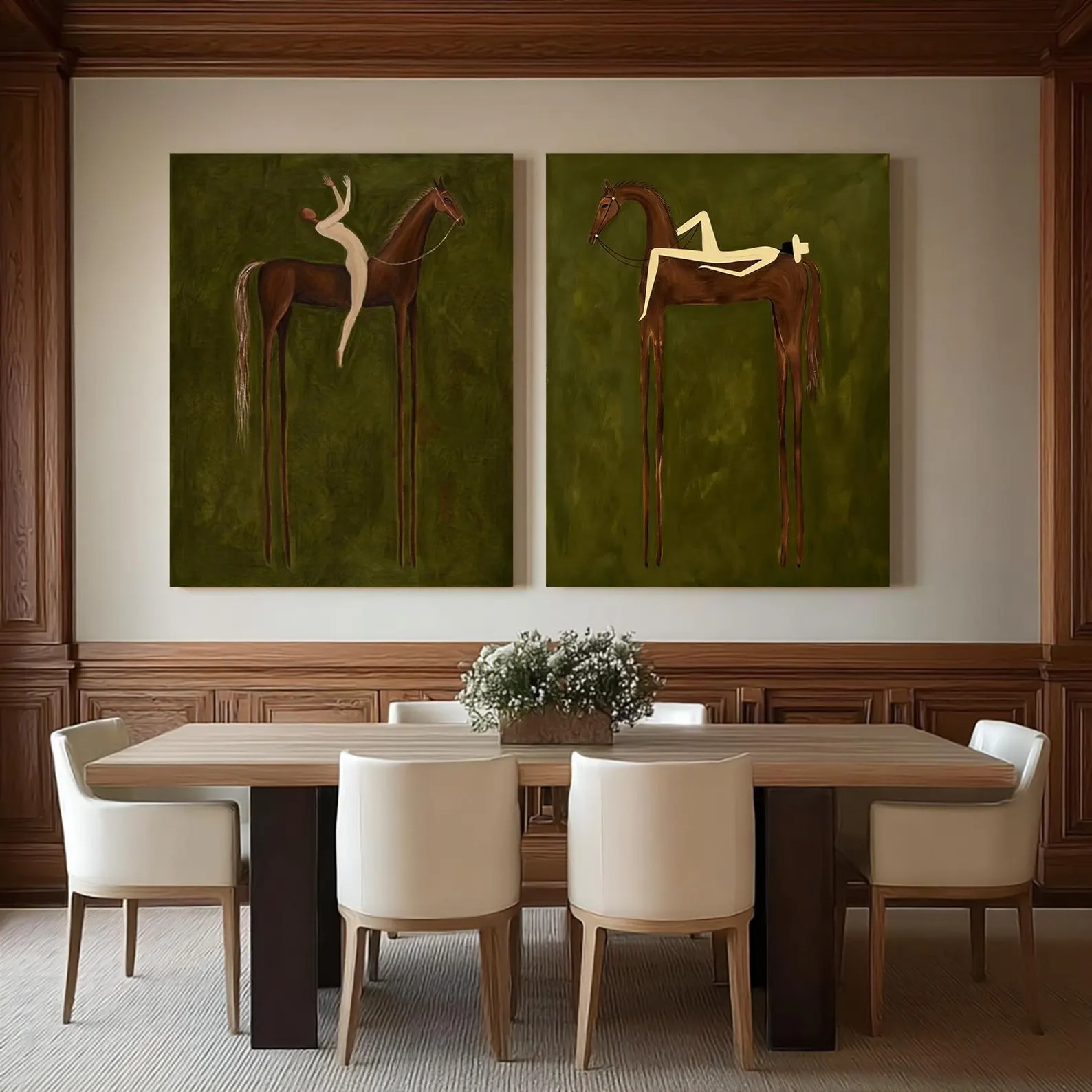 Prairie Harmony - Olive Green Minimalist Horse & Rider Canvas Diptych