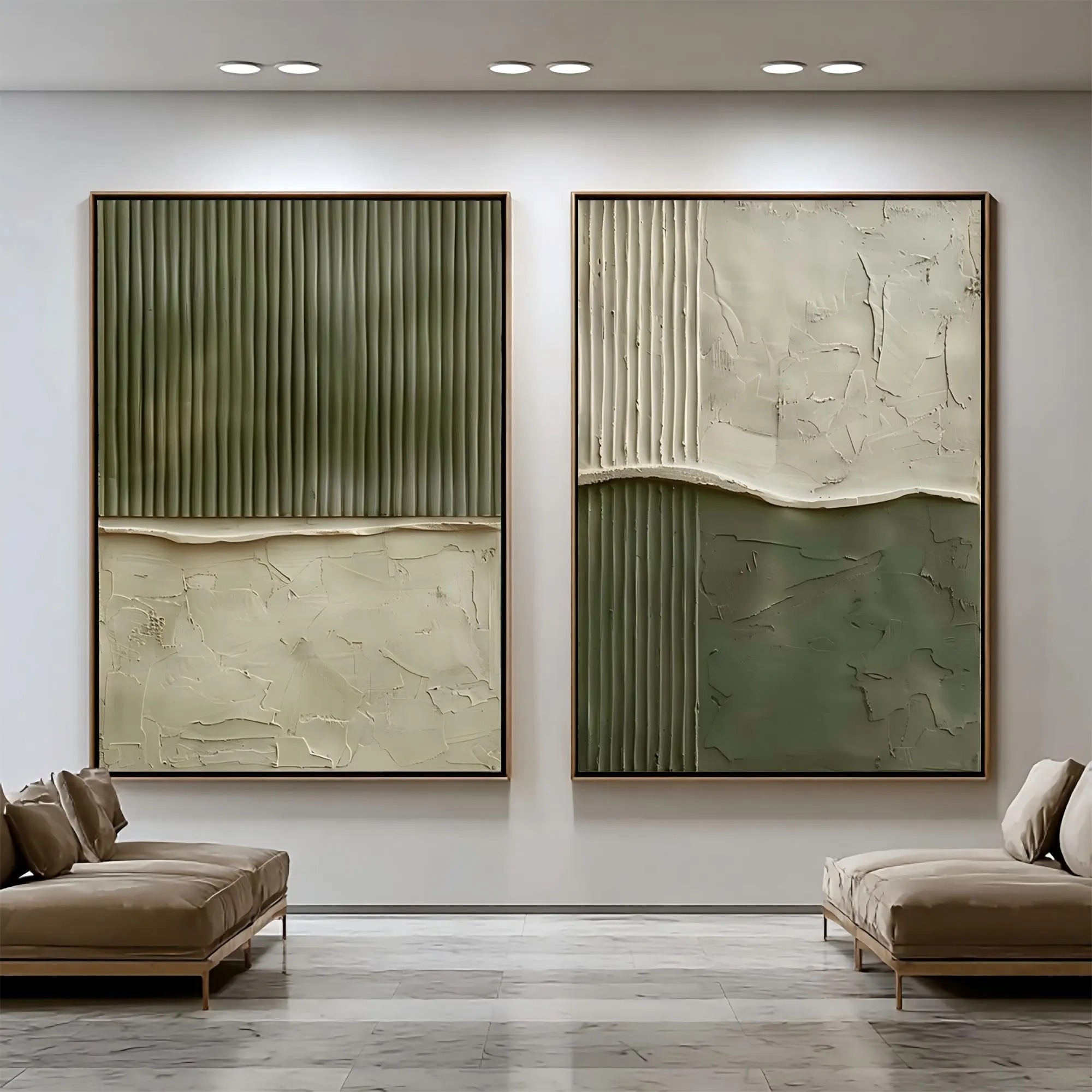 Vertical Rhythm - Sage Green & Cream Fluted 3D Canvas Diptych
