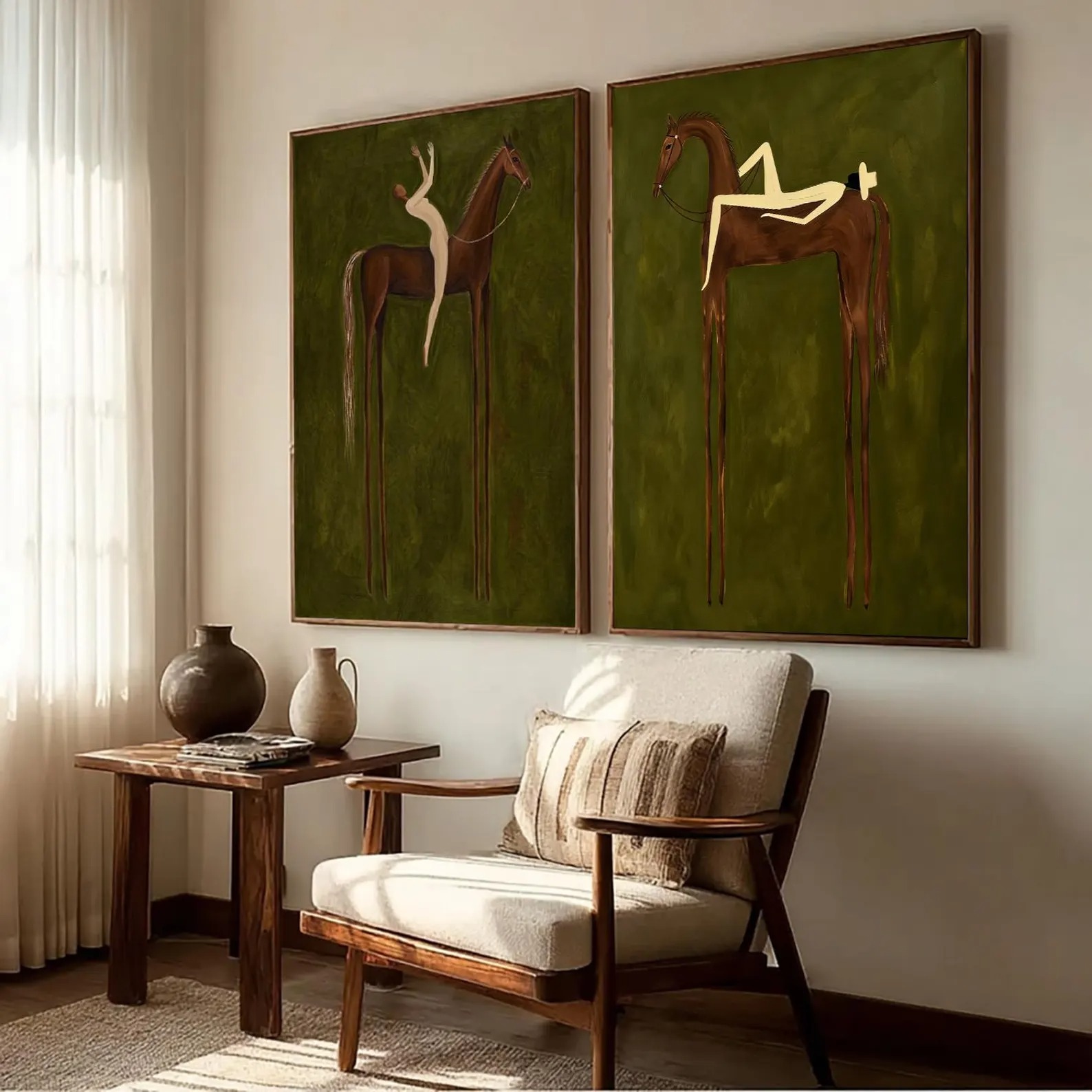 Prairie Harmony - Olive Green Minimalist Horse & Rider Canvas Diptych