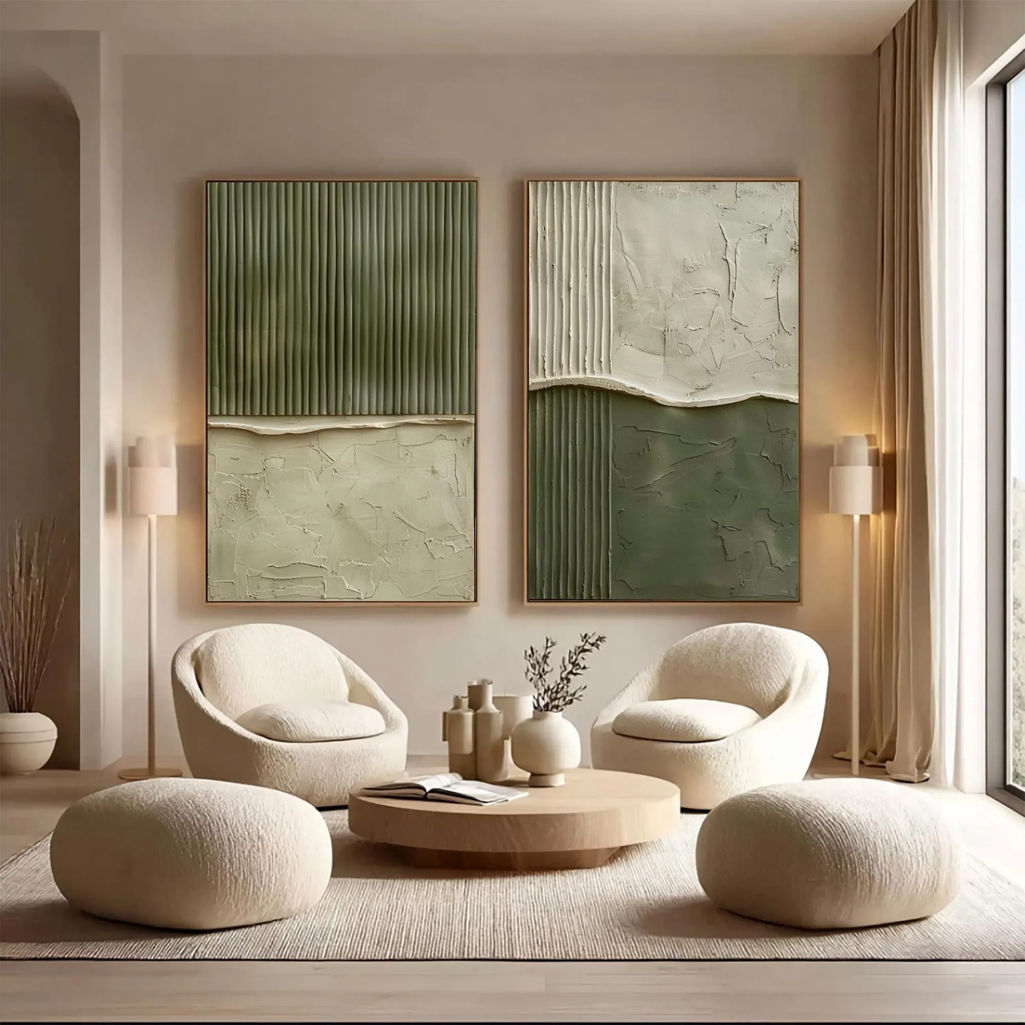 Vertical Rhythm - Sage Green & Cream Fluted 3D Canvas Diptych