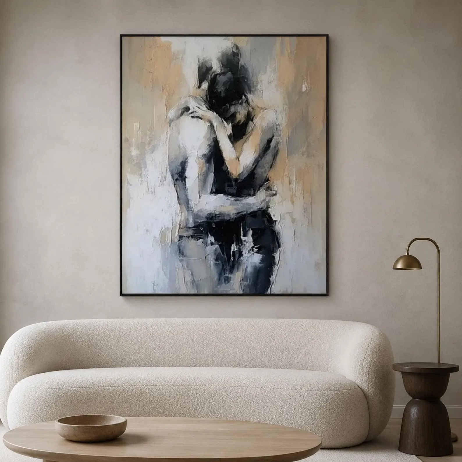 Sacred Embrace - Modern Black & White Impasto Couple Canvas Art