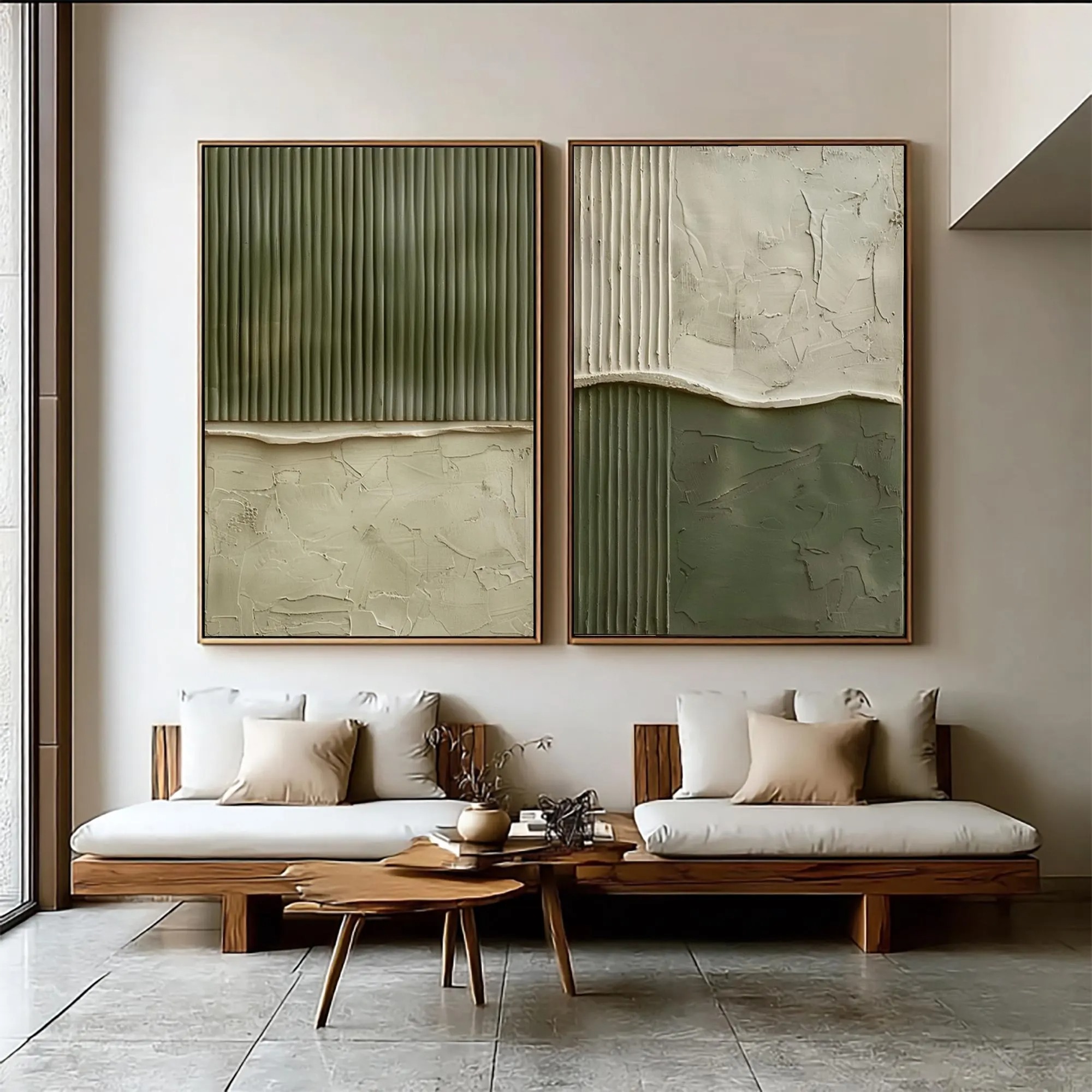 Vertical Rhythm - Sage Green & Cream Fluted 3D Canvas Diptych