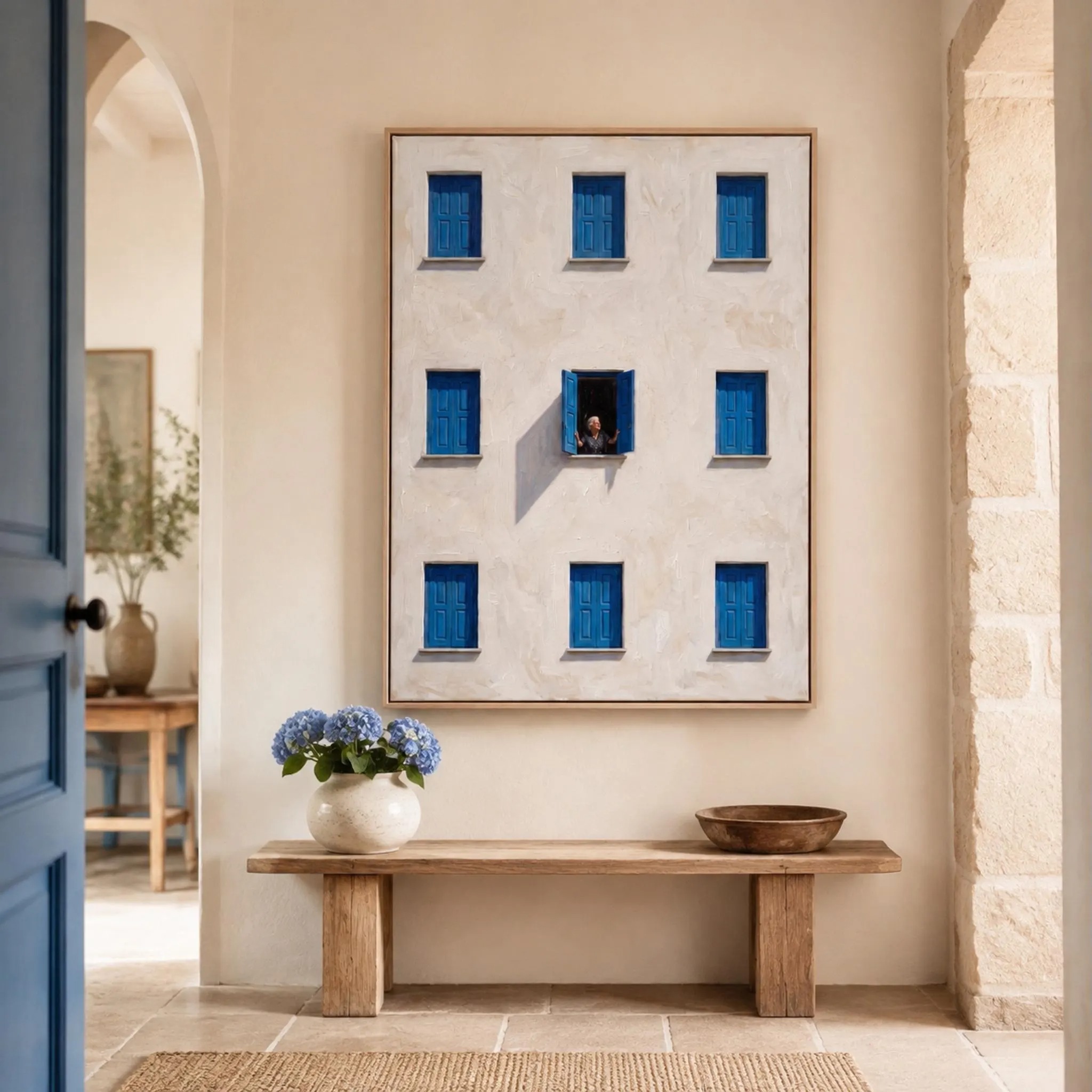 Window to Paradise - Mediterranean White Facade & Blue Shutters Canvas Art