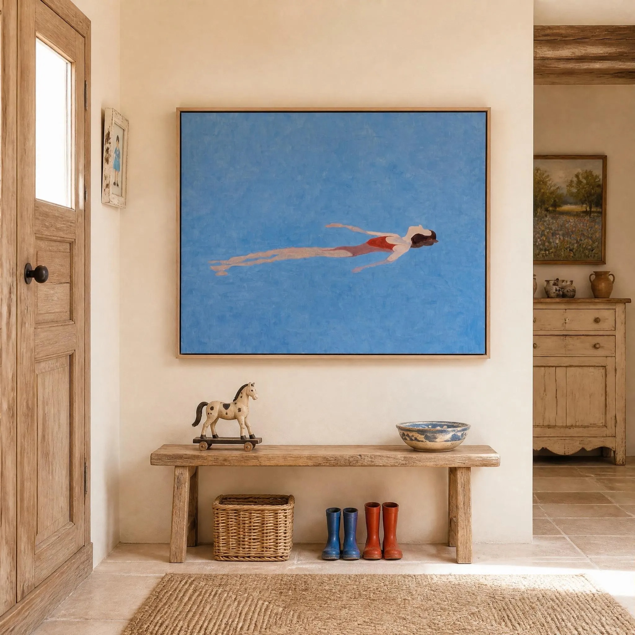 Peaceful Float - Minimalist Red Swimsuit Woman in Blue Pool Canvas Art