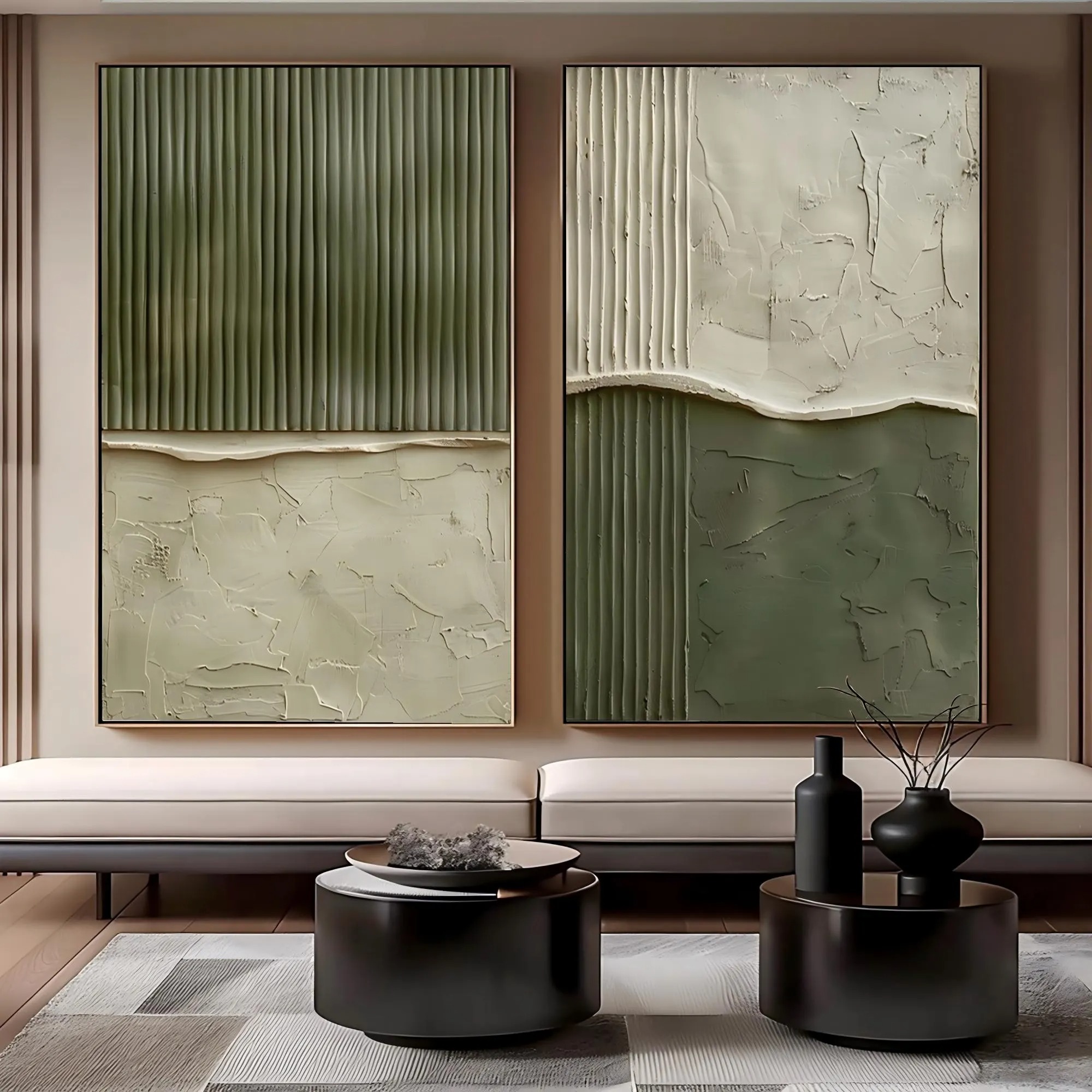Vertical Rhythm - Sage Green & Cream Fluted 3D Canvas Diptych