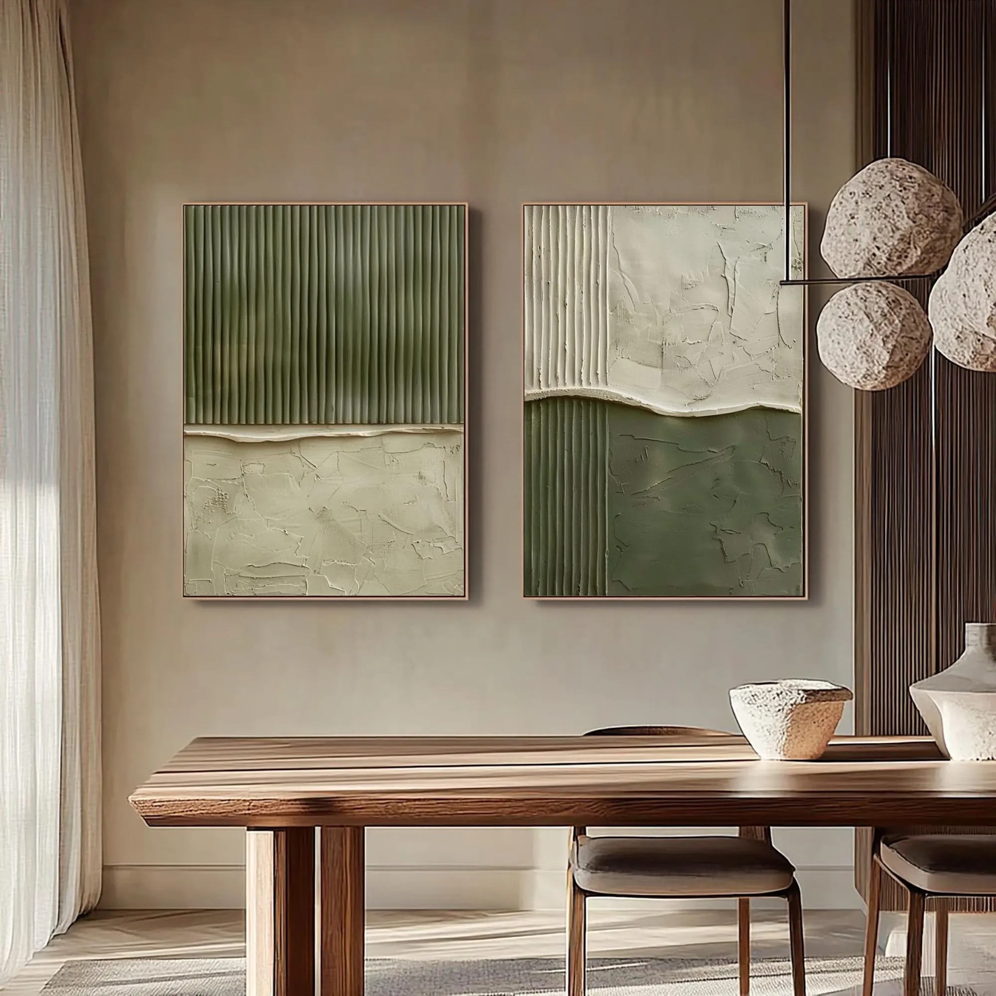 Vertical Rhythm - Sage Green & Cream Fluted 3D Canvas Diptych