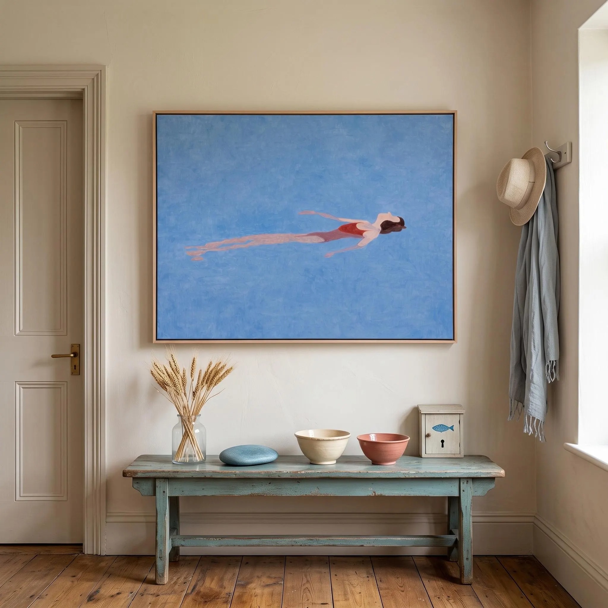 Peaceful Float - Minimalist Red Swimsuit Woman in Blue Pool Canvas Art