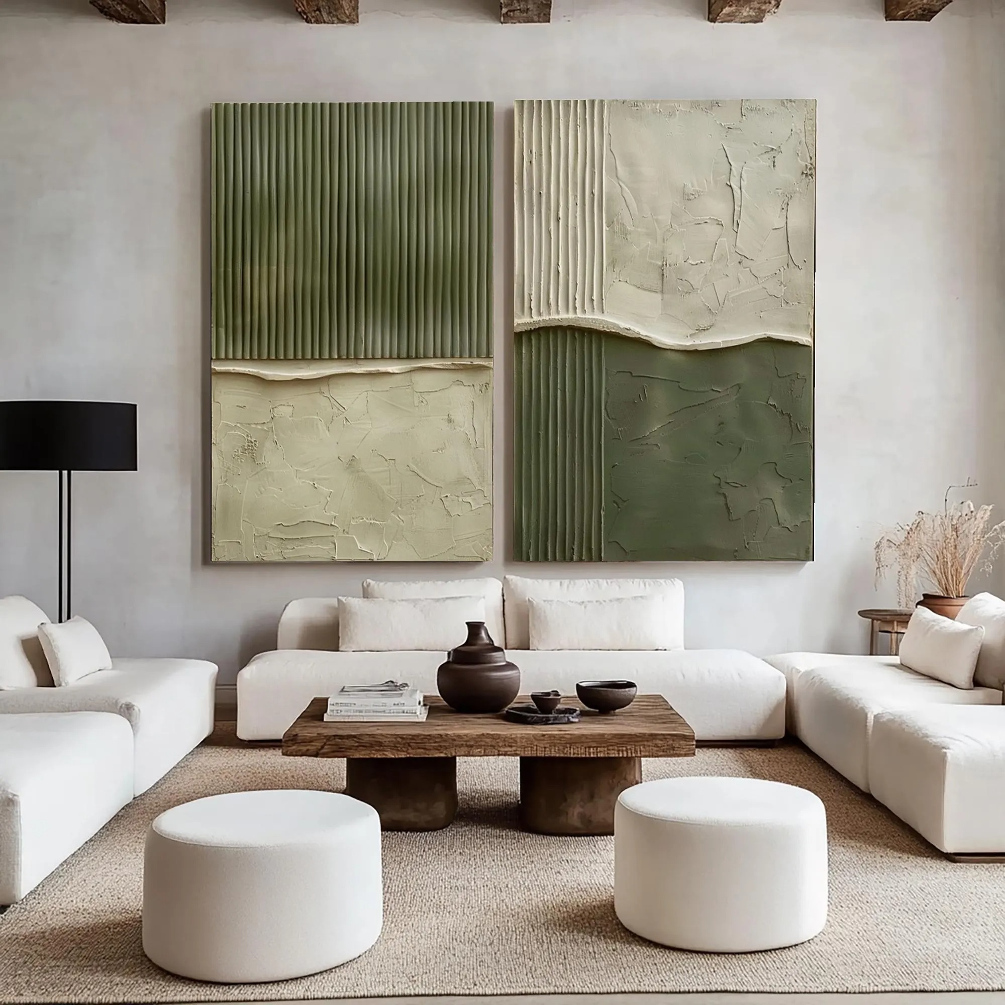 Vertical Rhythm - Sage Green & Cream Fluted 3D Canvas Diptych