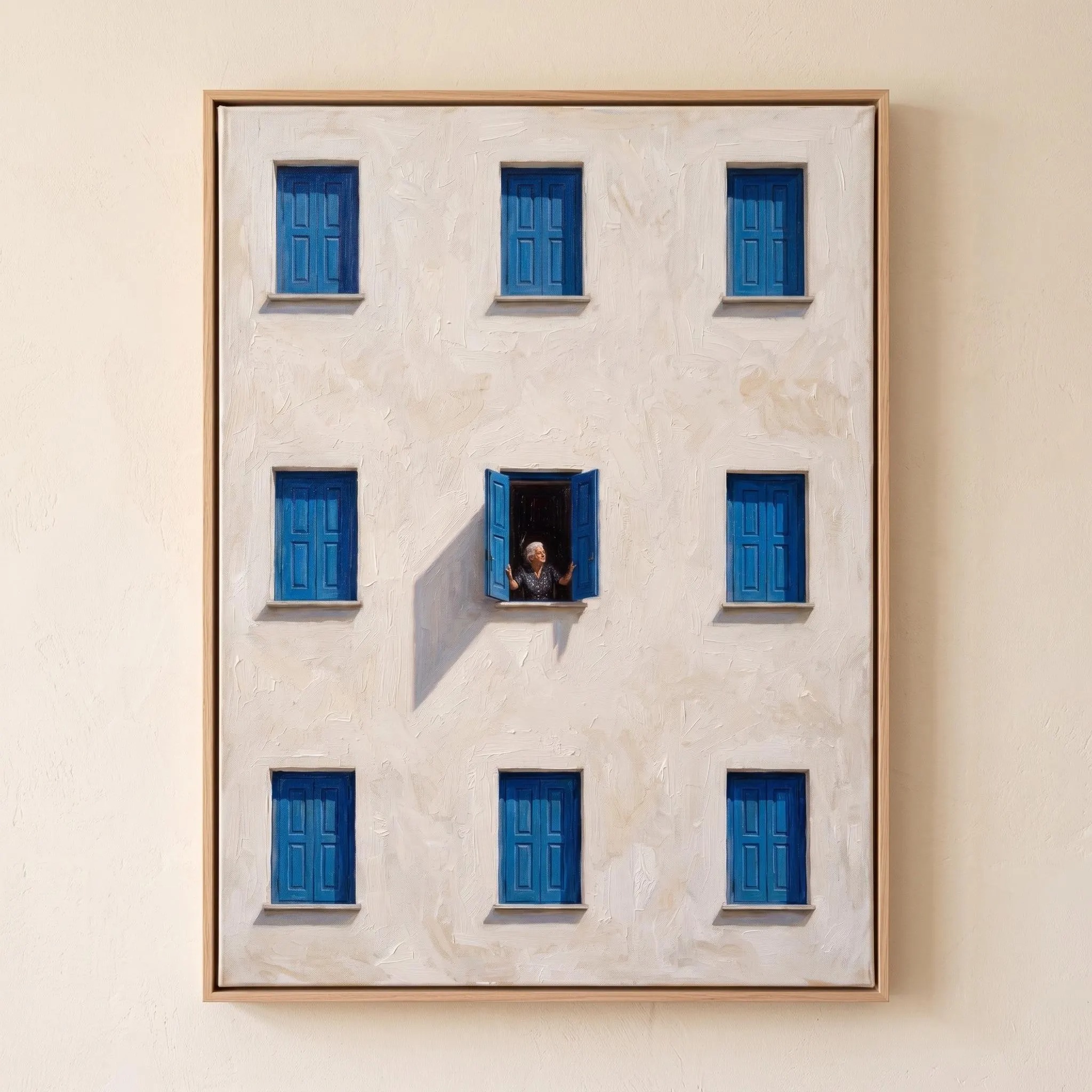 Window to Paradise - Mediterranean White Facade & Blue Shutters Canvas Art