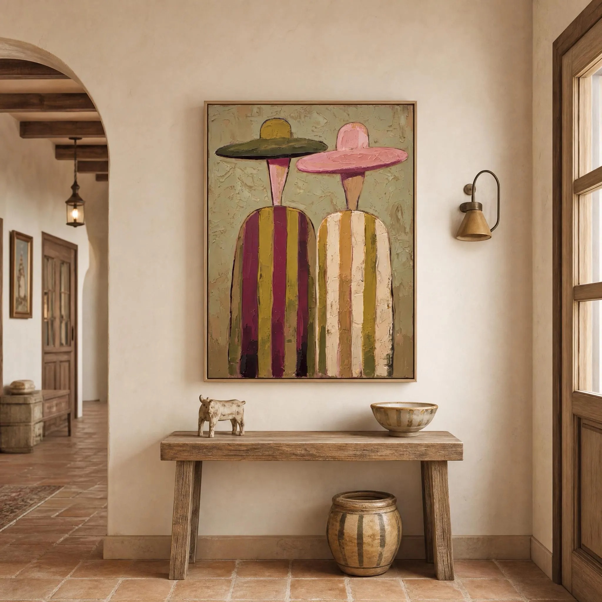 Striped Companions - Modern Chic Figures in Straw Hats Canvas Art