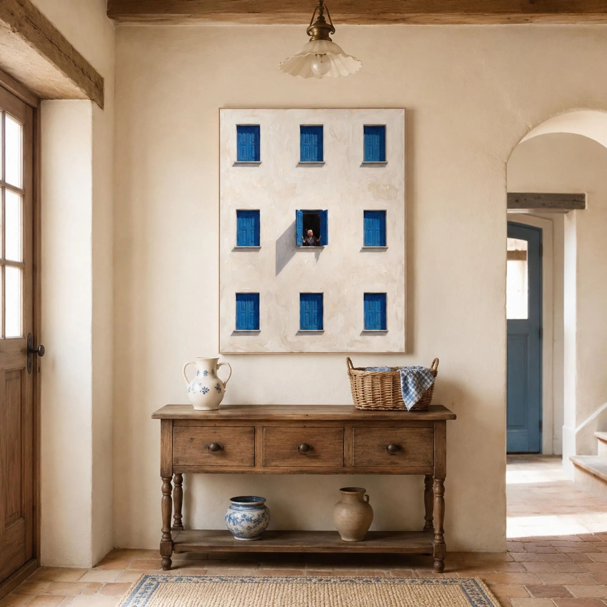 Window to Paradise - Mediterranean White Facade & Blue Shutters Canvas Art