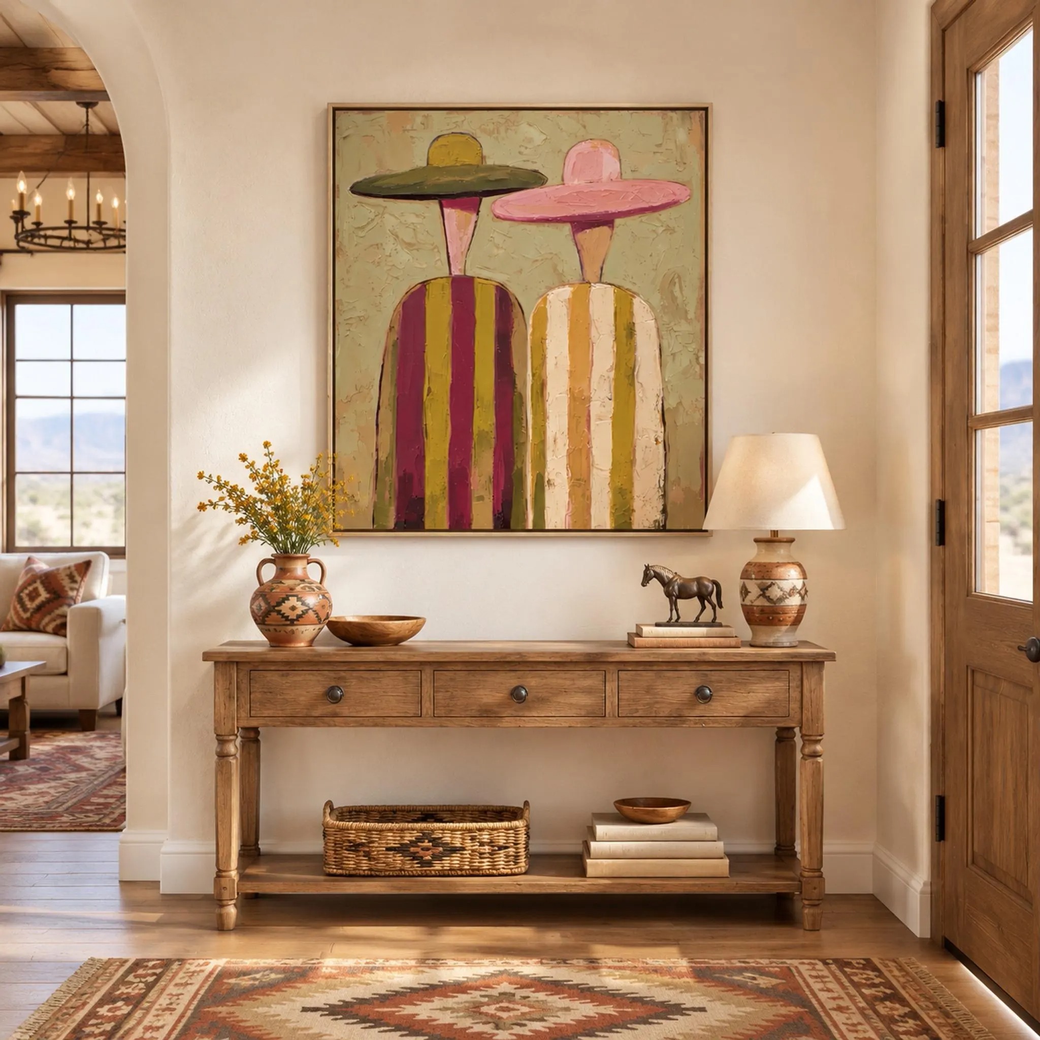 Striped Companions - Modern Chic Figures in Straw Hats Canvas Art