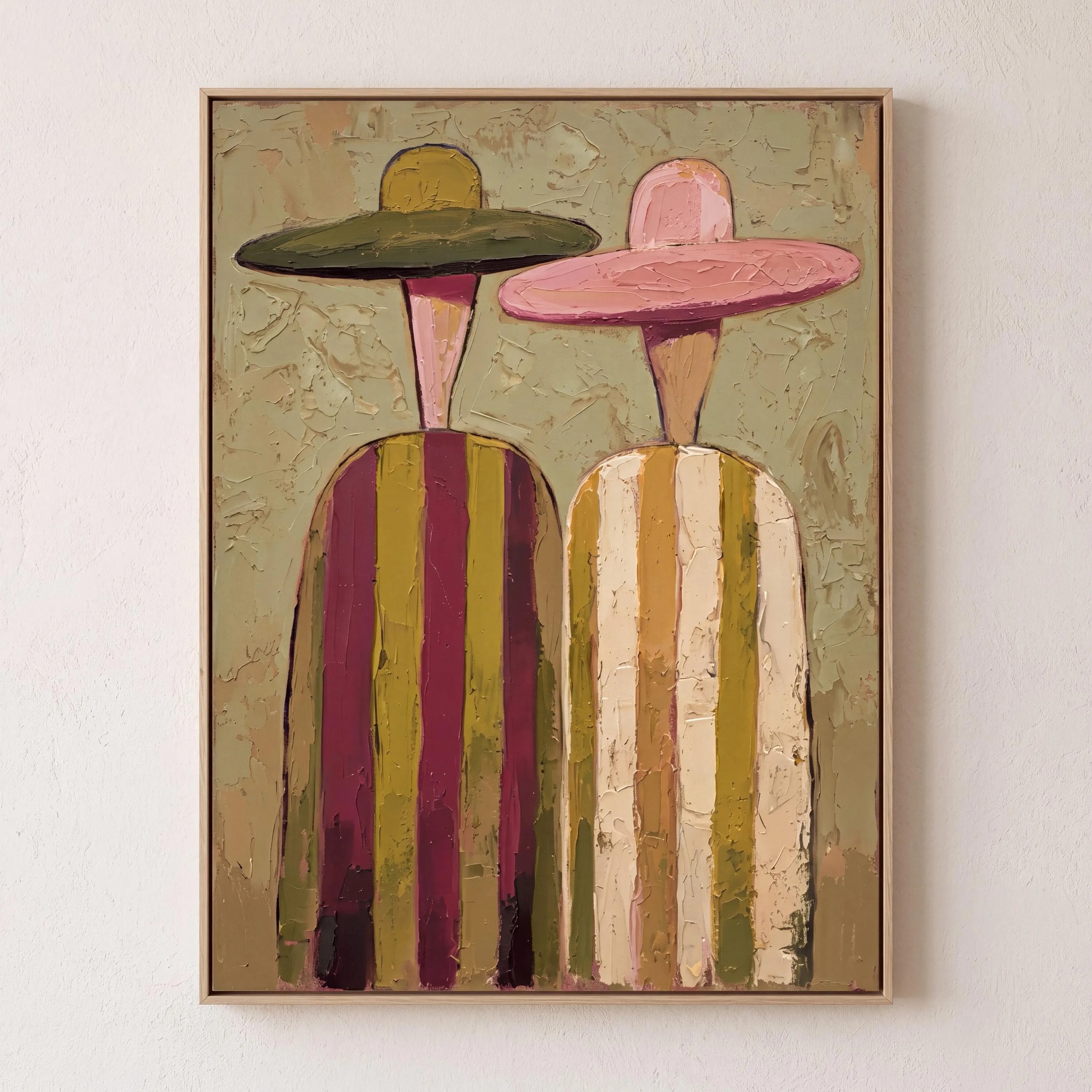 Striped Companions - Modern Chic Figures in Straw Hats Canvas Art