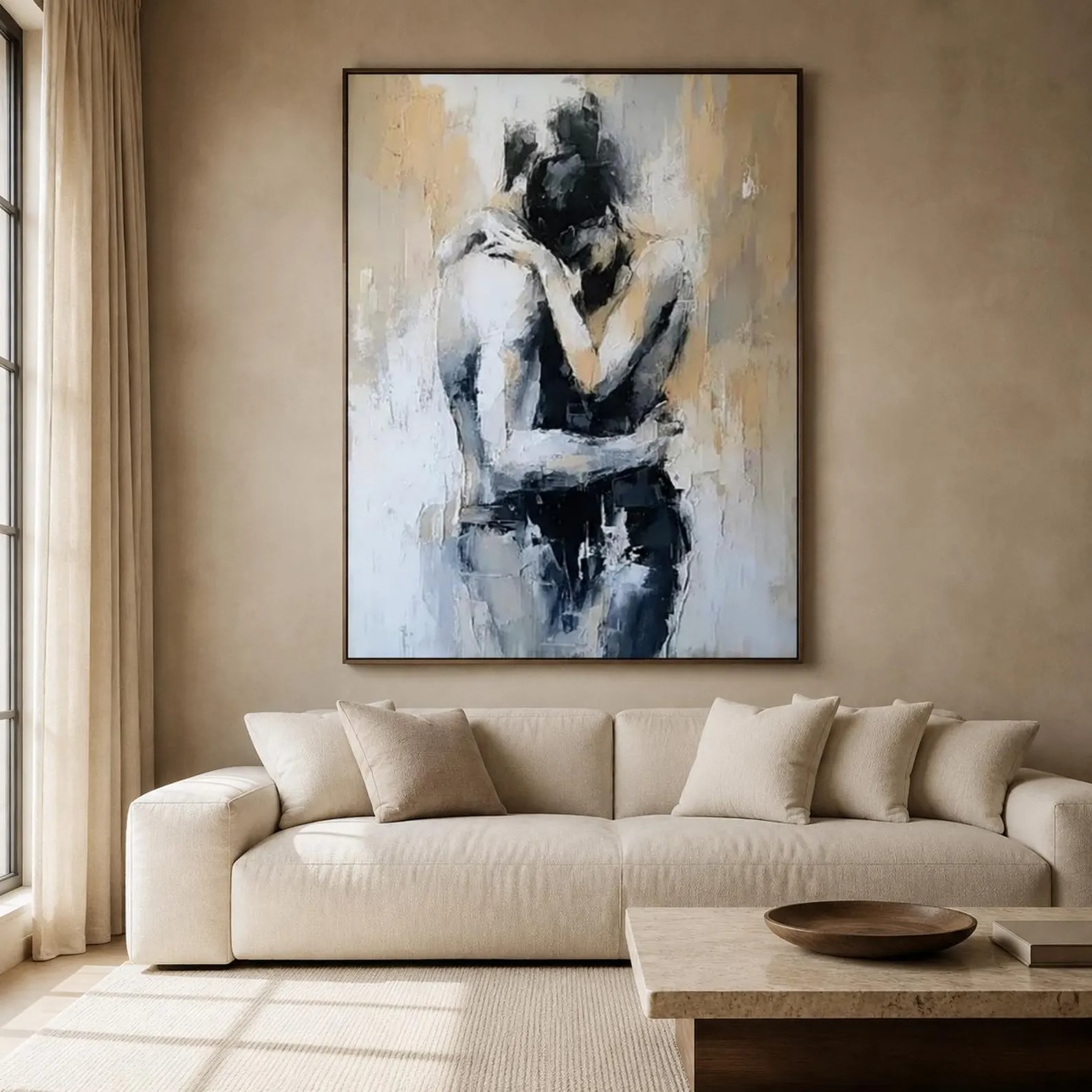 Sacred Embrace - Modern Black & White Impasto Couple Canvas Art