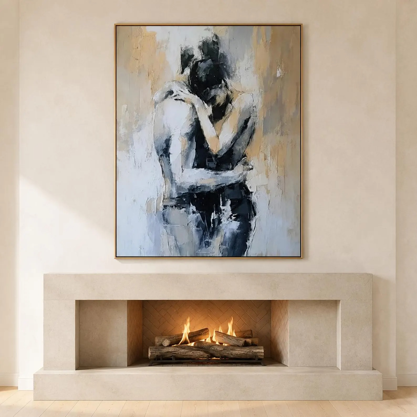 Sacred Embrace - Modern Black & White Impasto Couple Canvas Art