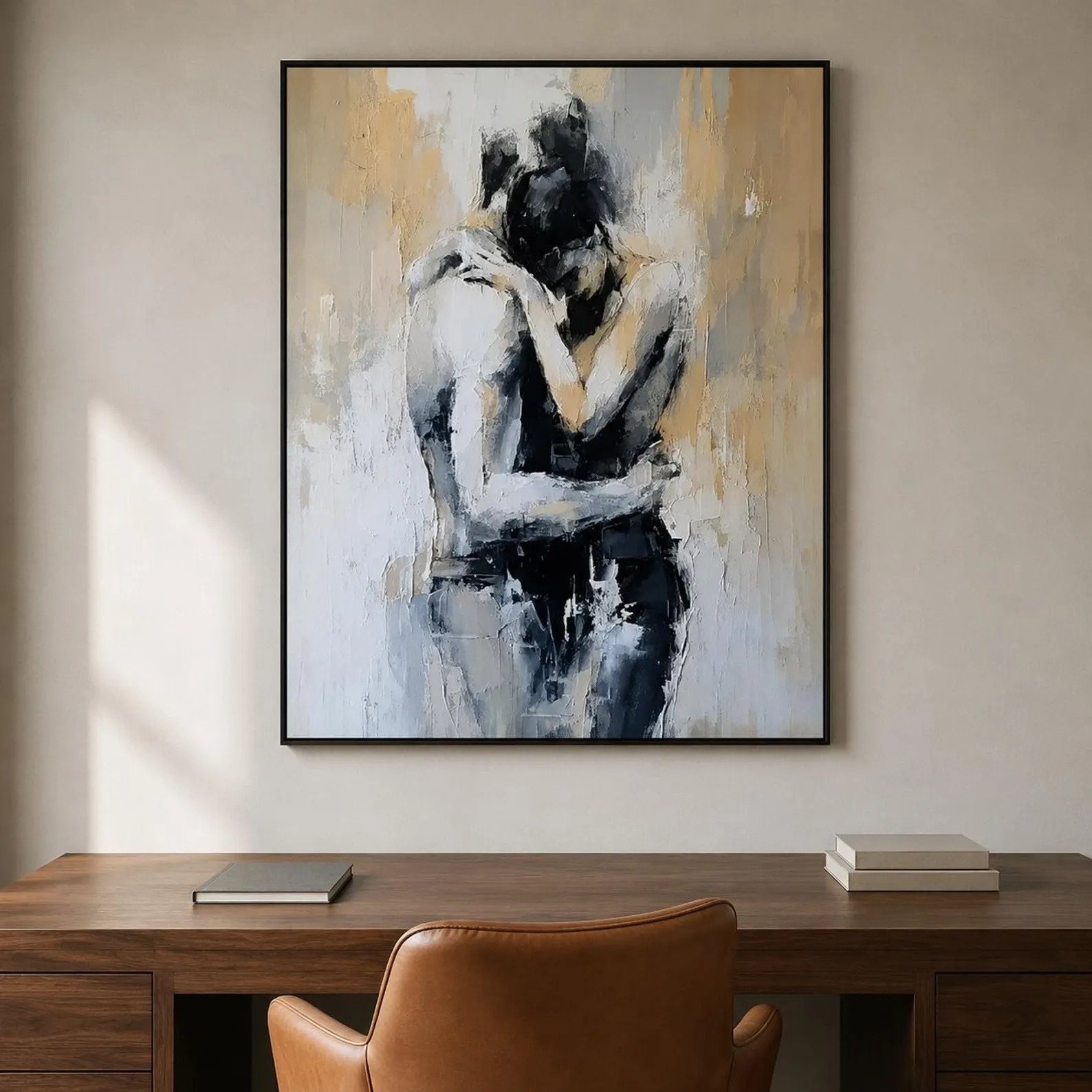 Sacred Embrace - Modern Black & White Impasto Couple Canvas Art