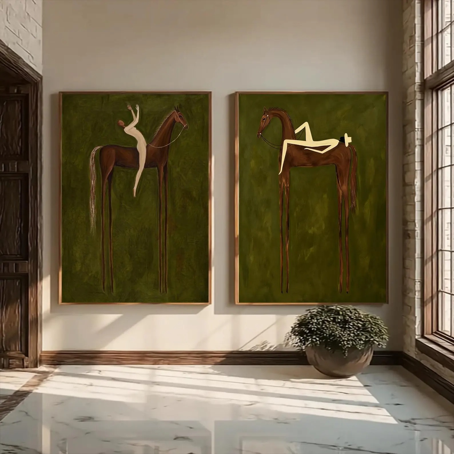 Prairie Harmony - Olive Green Minimalist Horse & Rider Canvas Diptych