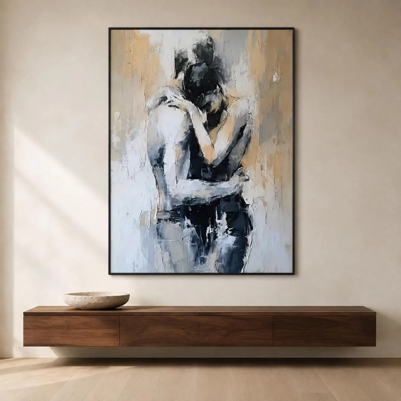 Sacred Embrace - Modern Black & White Impasto Couple Canvas Art