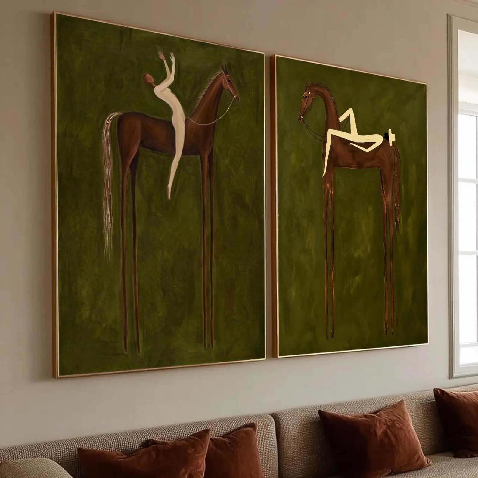 Prairie Harmony - Olive Green Minimalist Horse & Rider Canvas Diptych