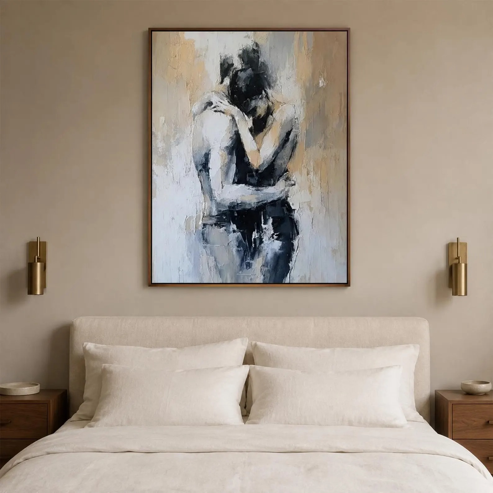 Sacred Embrace - Modern Black & White Impasto Couple Canvas Art