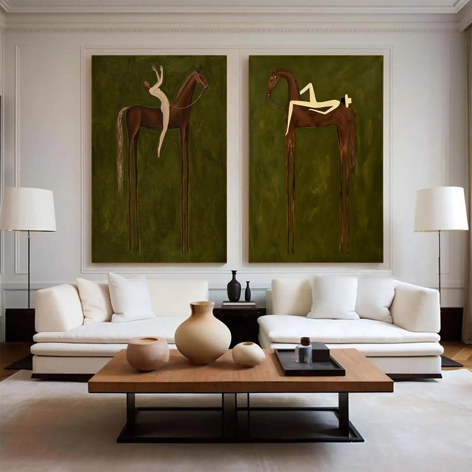 Prairie Harmony - Olive Green Minimalist Horse & Rider Canvas Diptych