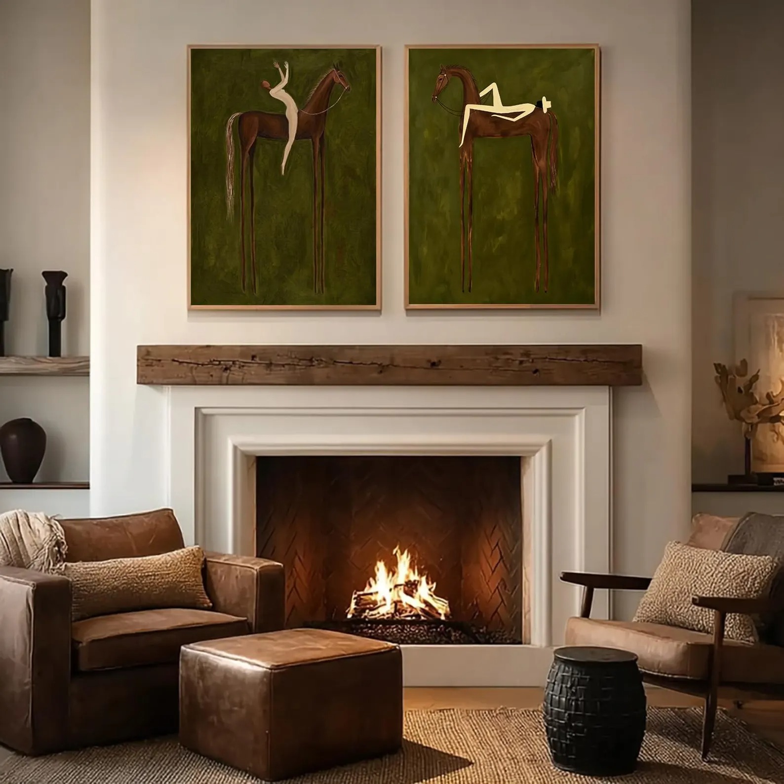 Prairie Harmony - Olive Green Minimalist Horse & Rider Canvas Diptych