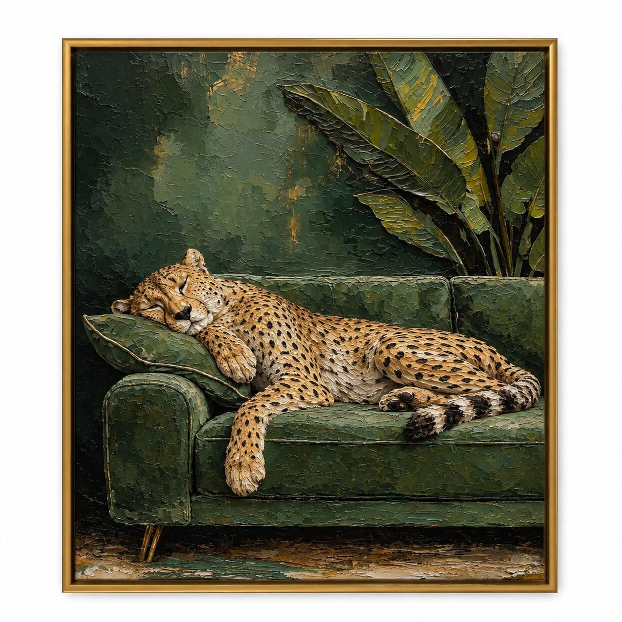 Emerald Nap - Cheetah Resting on Velvet Sofa Oil Painting