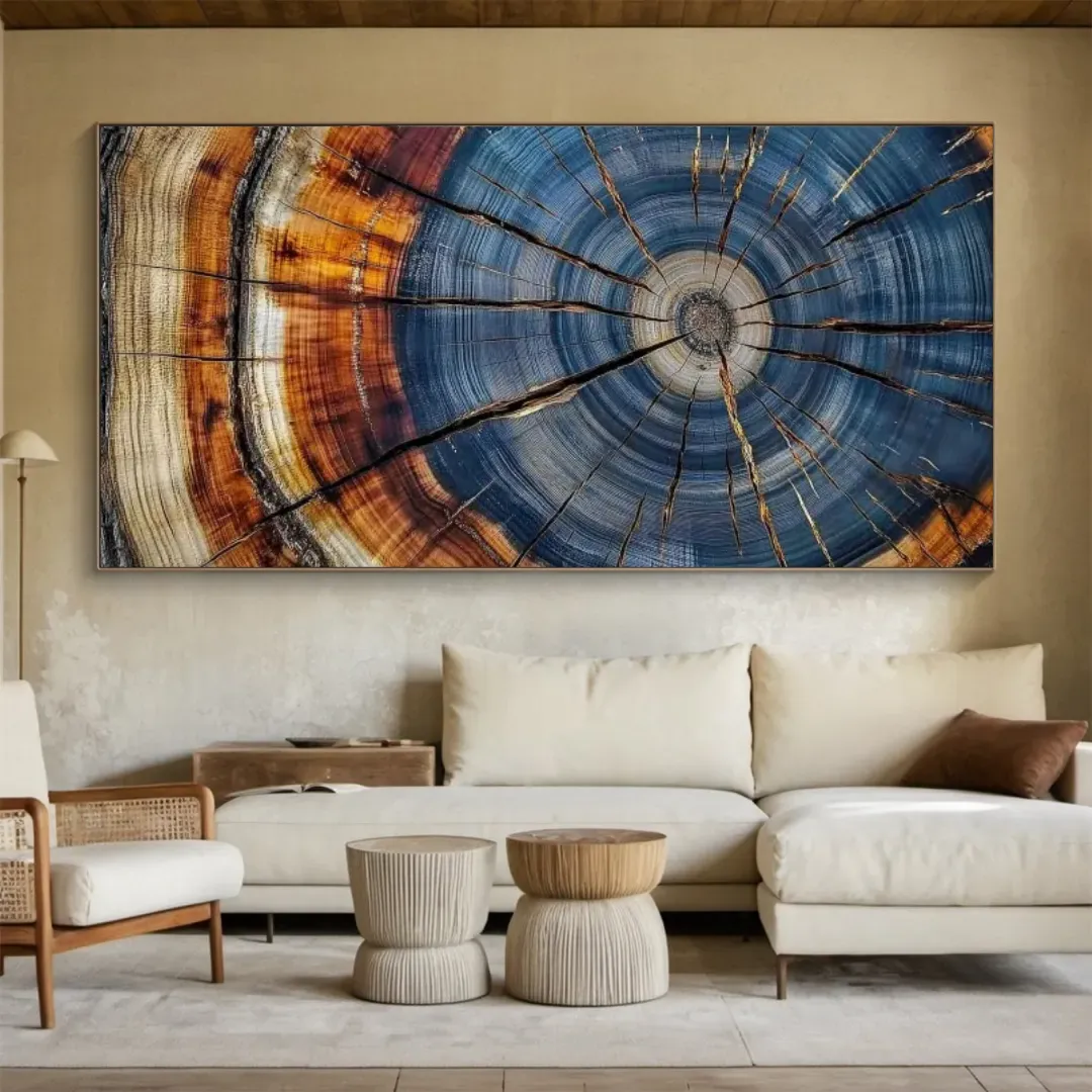  Tree of Time - Abstract Wood Grain & Deep Blue Ring Canvas Art   