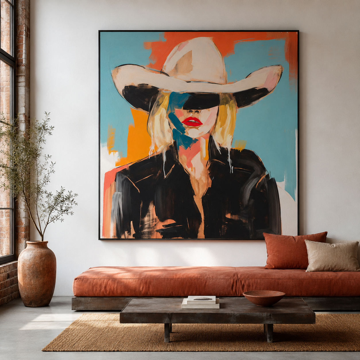 Veiled by the White Hat - Blonde Cowgirl Pop Oil Painting