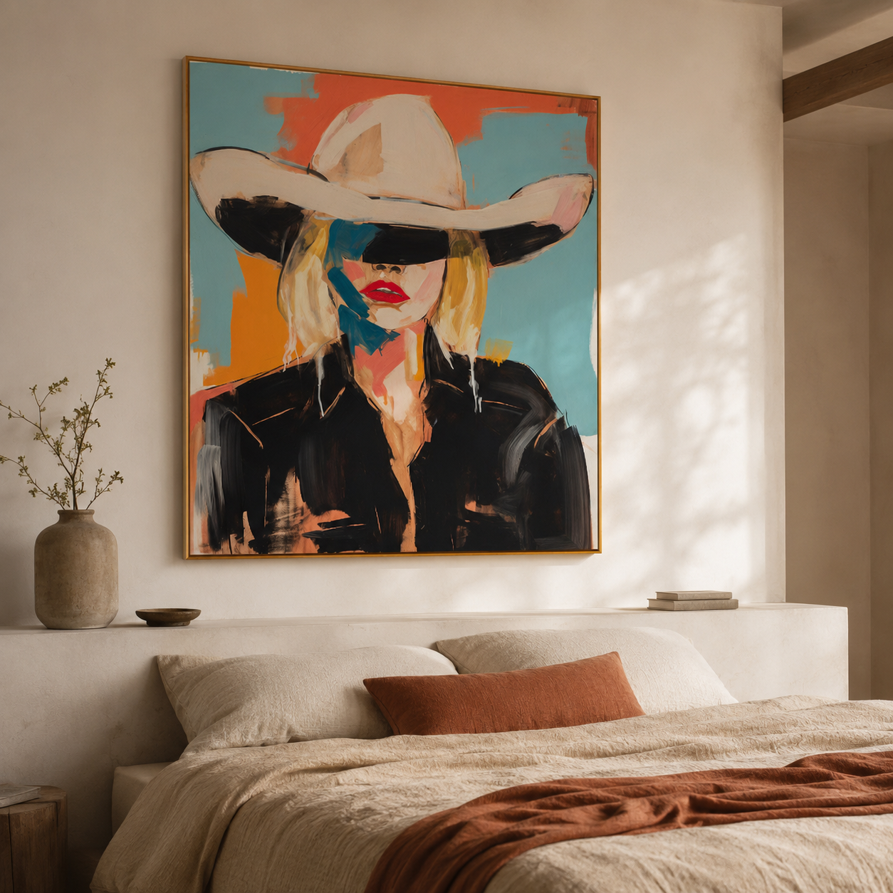 Veiled by the White Hat - Blonde Cowgirl Pop Oil Painting