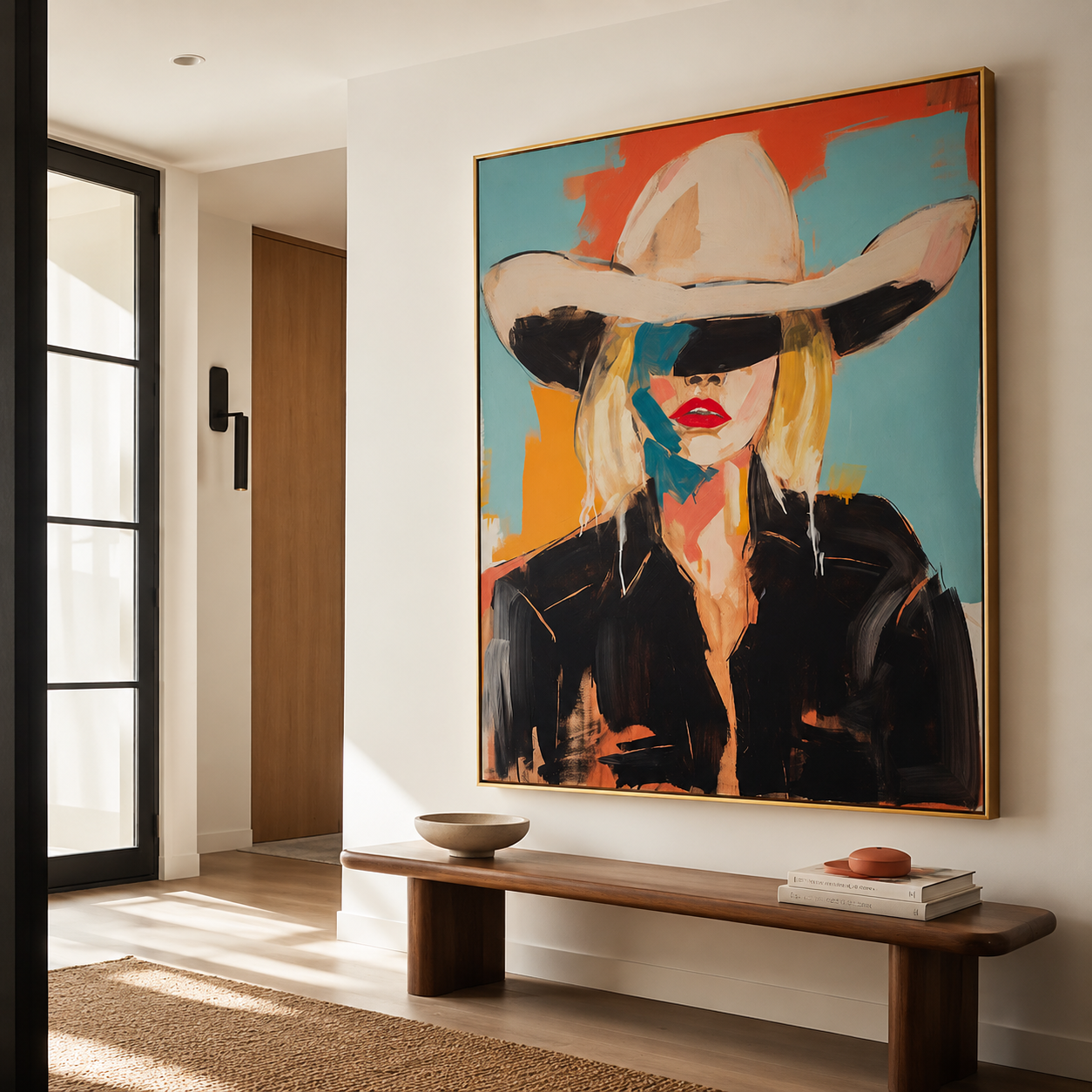 Veiled by the White Hat - Blonde Cowgirl Pop Oil Painting
