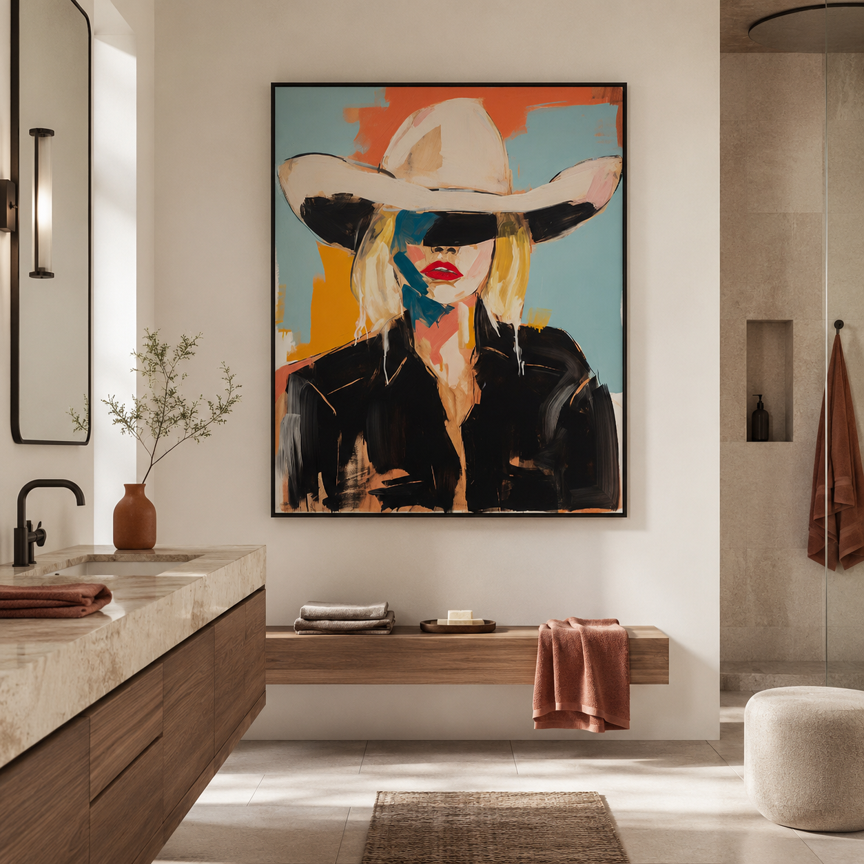 Veiled by the White Hat - Blonde Cowgirl Pop Oil Painting